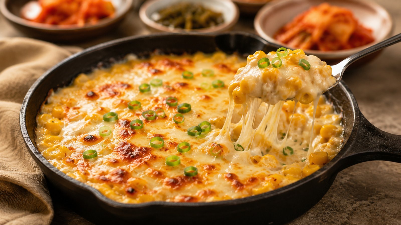 Baked Korean corn cheese with sweet corn and melted mozzarella in a cast-iron skillet