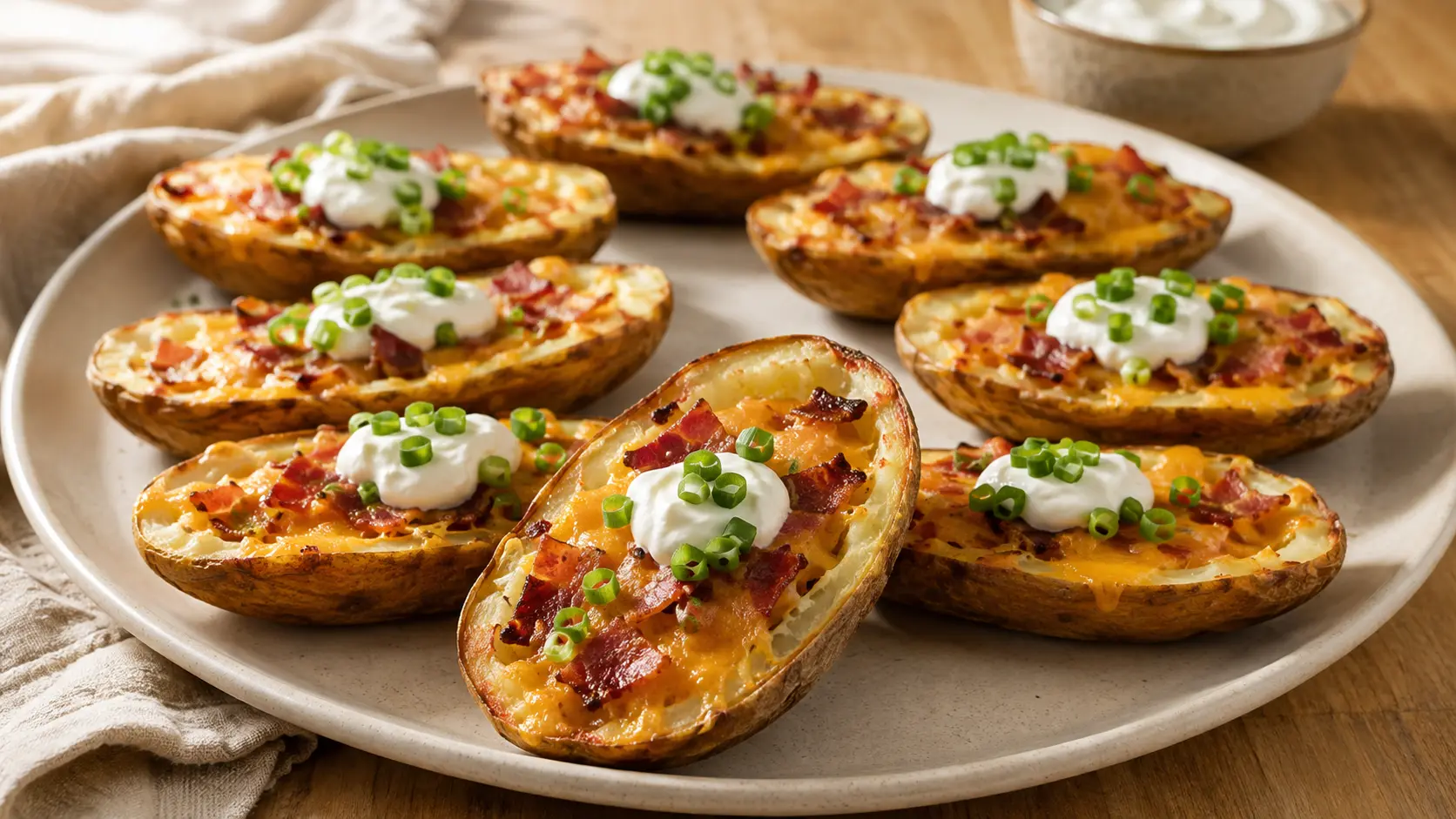 Baked loaded potato skins with turkey bacon, melted cheddar, Greek yogurt, and green onions
