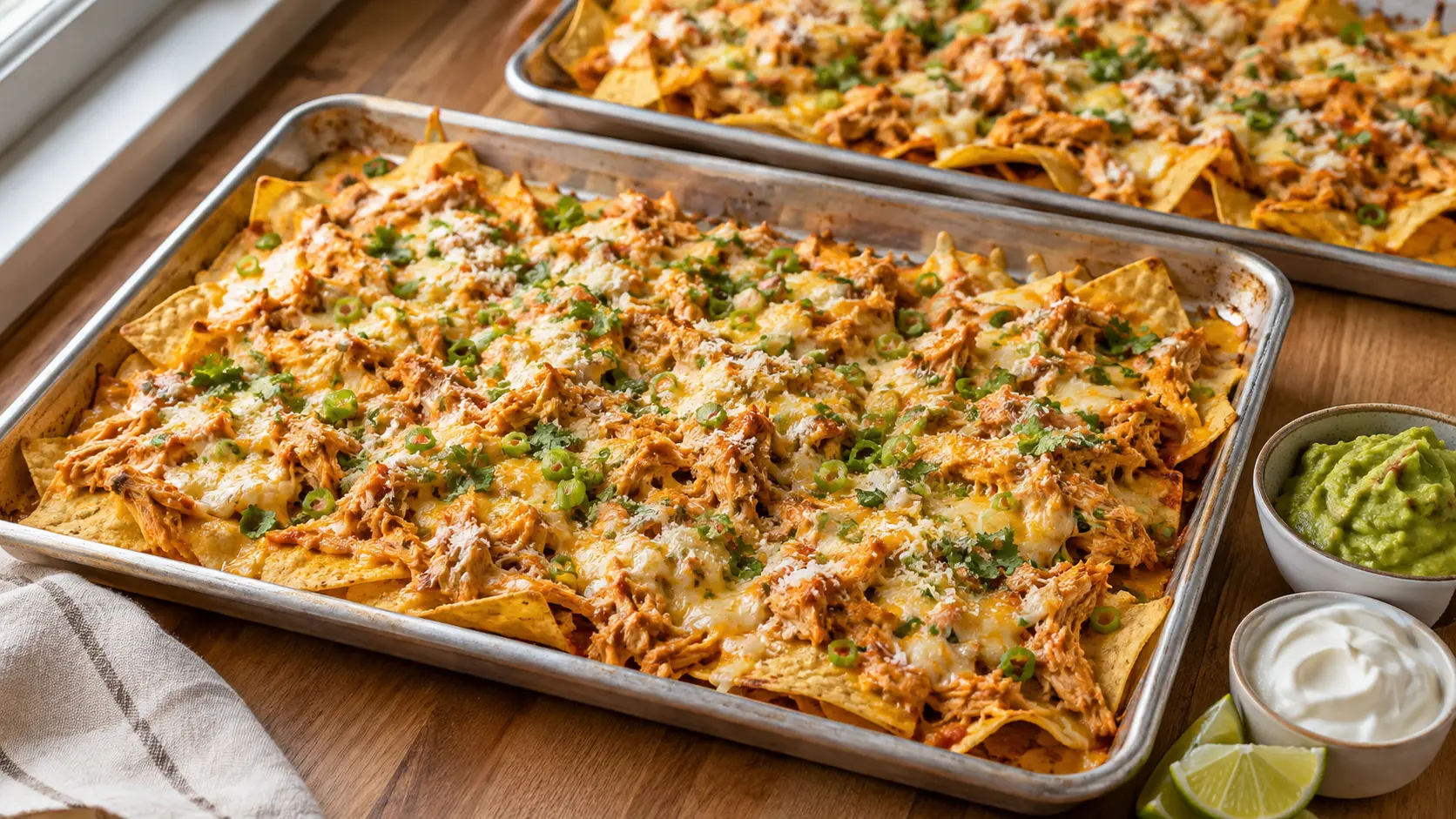Baked sheet-pan loaded chicken nachos with melted cheese, smoky shredded chicken, scallions, cilantro, guacamole, and sour cream.