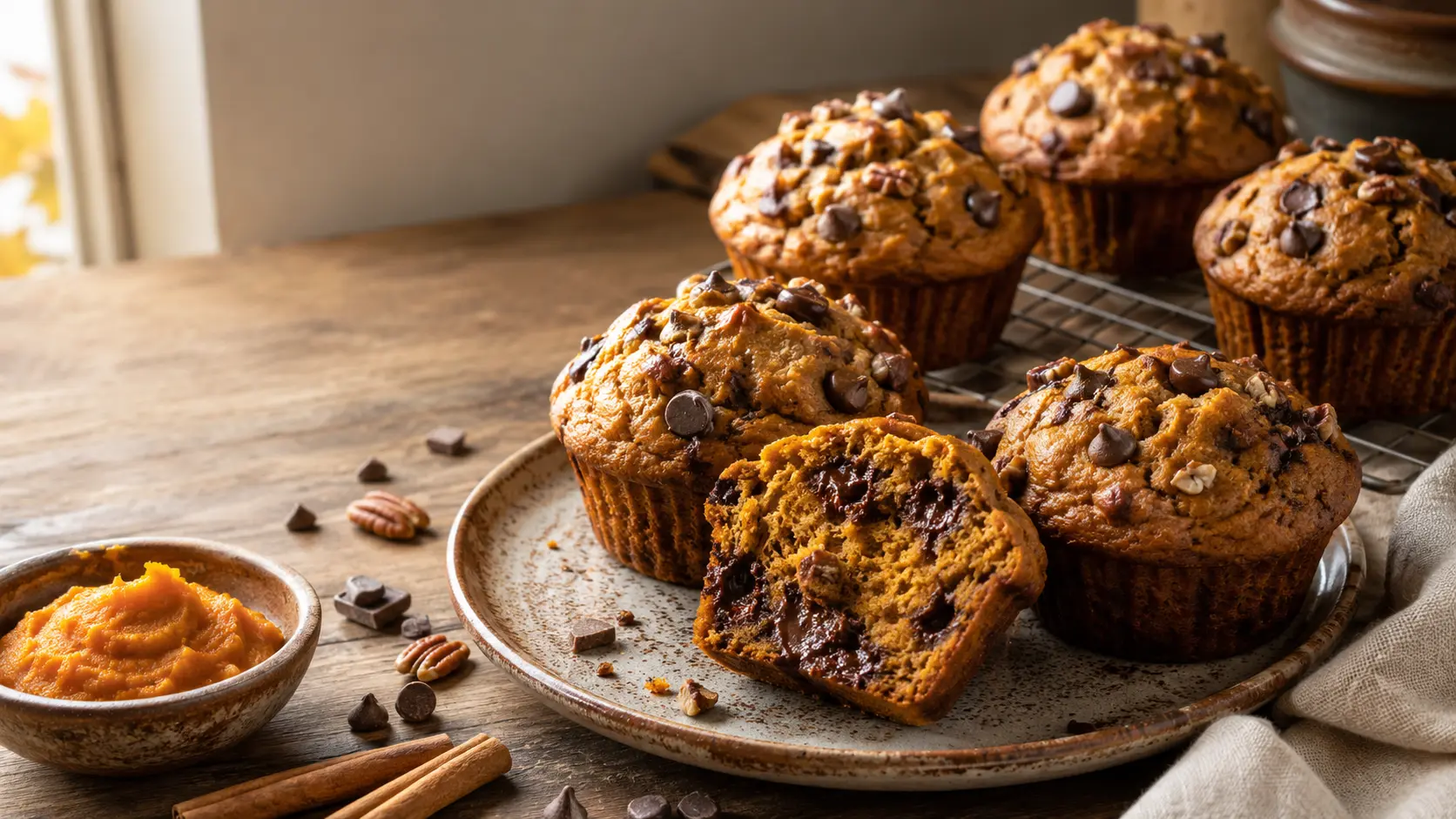 Tall bakery-style pumpkin chocolate-chip muffins with pecans and melted chocolate on a cooling rack