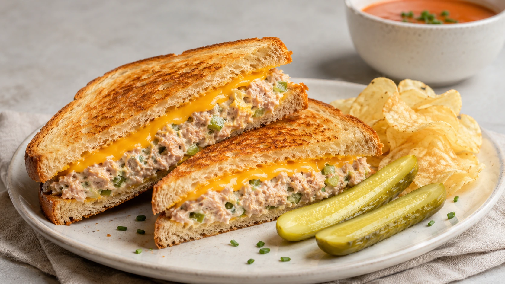 Classic tuna-melt sandwich with crispy bread and melted cheddar