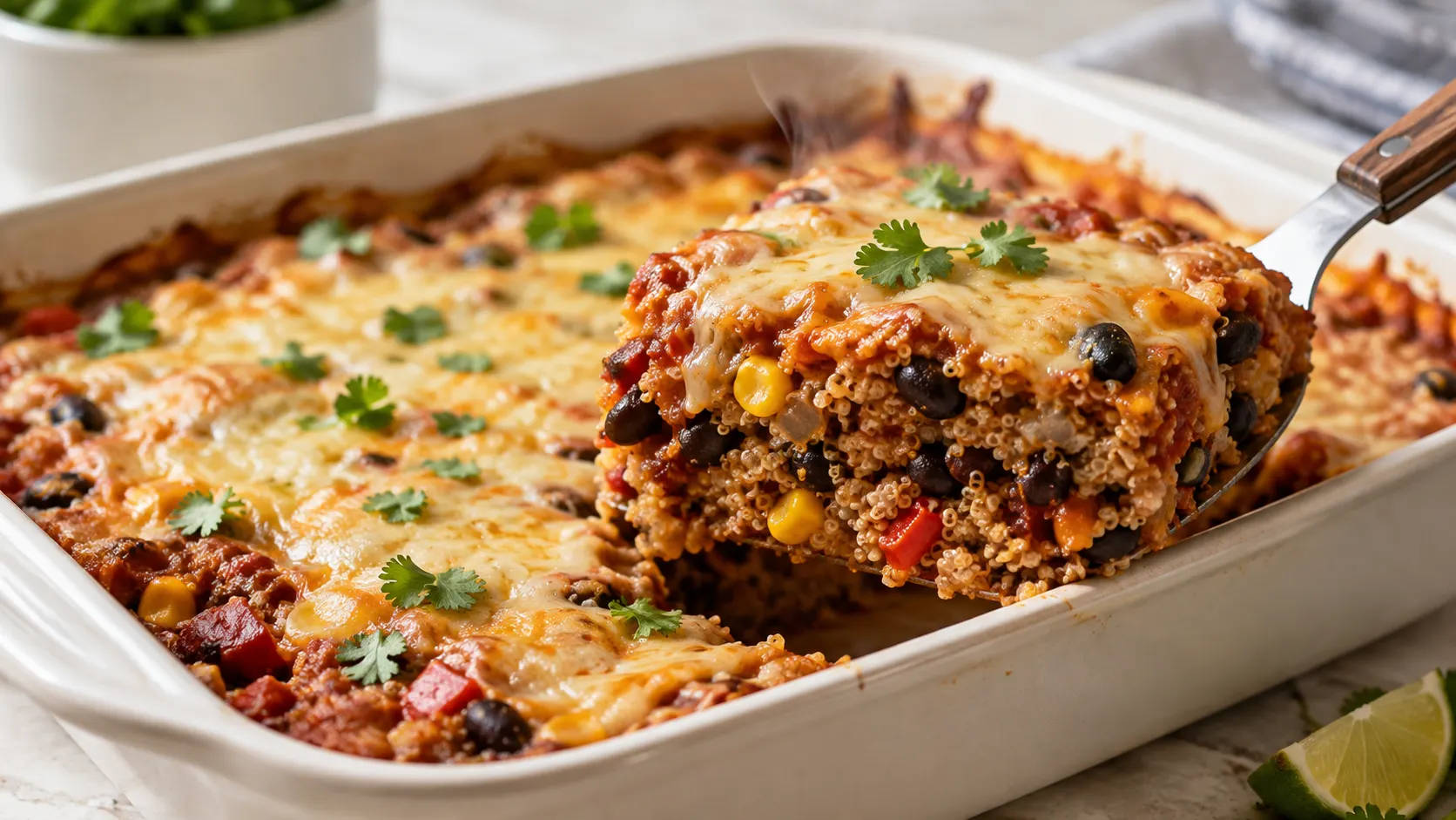 Black Bean Quinoa Enchilada Bake with melted cheese, black beans, corn, vegetables, and red enchilada sauce