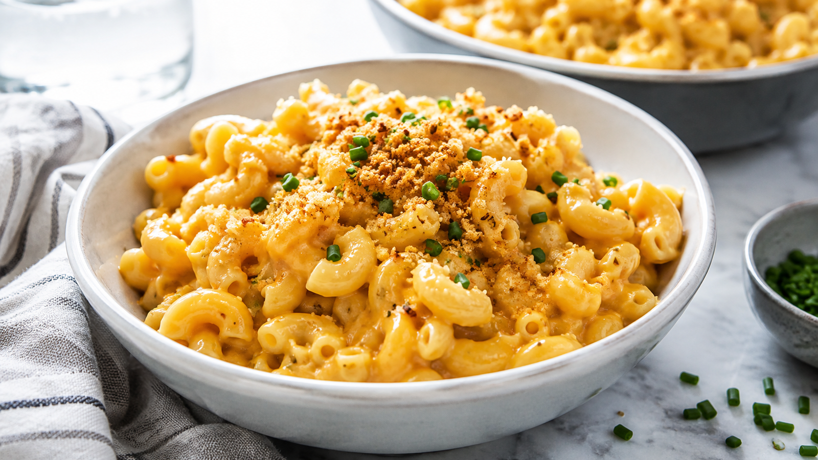 Butternut-Squash Mac and Cheese With Hidden Veggies served creamy and golden in a bowl with chives and toasted breadcrumbs.