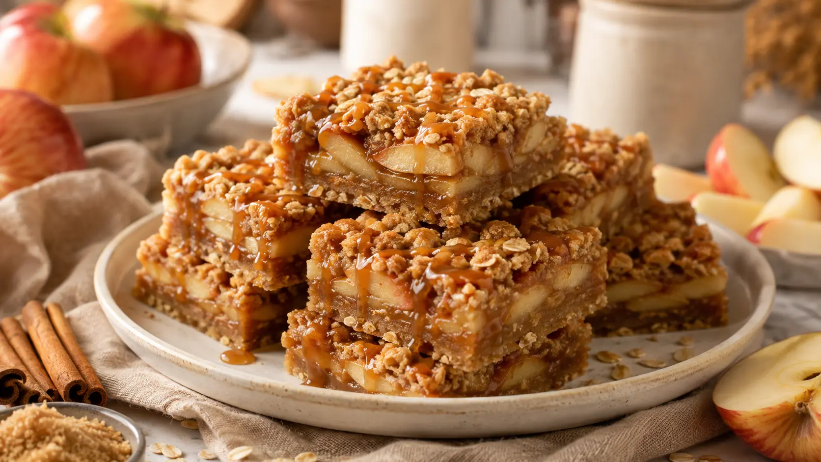 Caramel-apple crisp bars with thin baked apples, glossy caramel, brown-sugar crust, and golden crumb topping on a cream plate