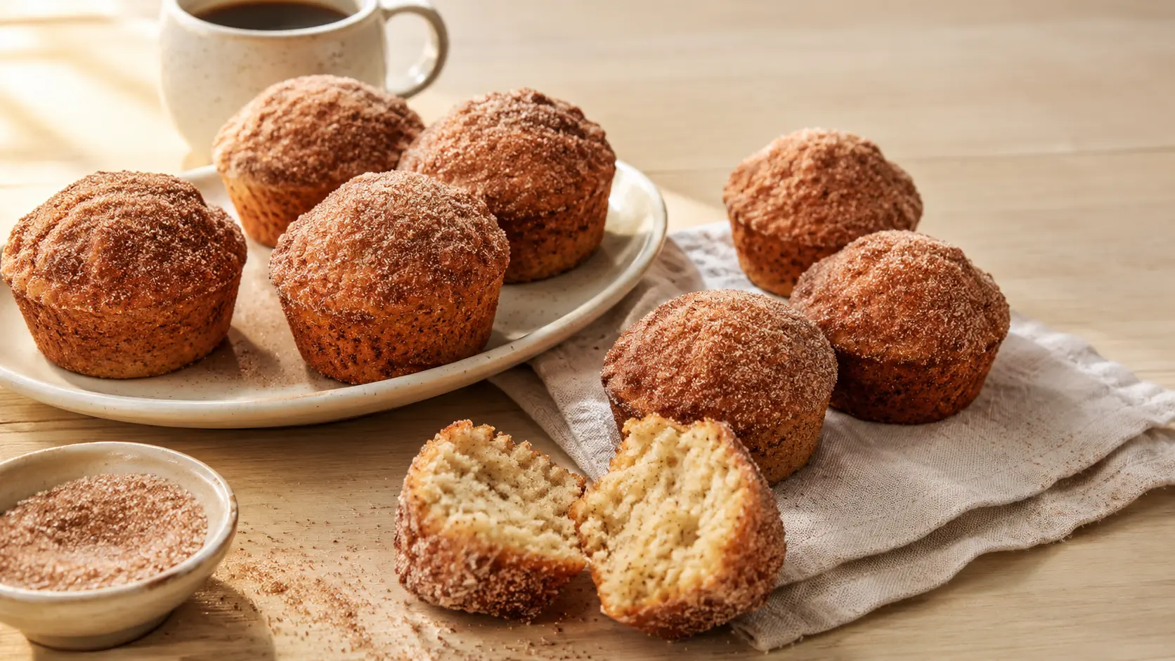 Cinnamon-Sugar French Breakfast Puffs with a tender muffin broken open