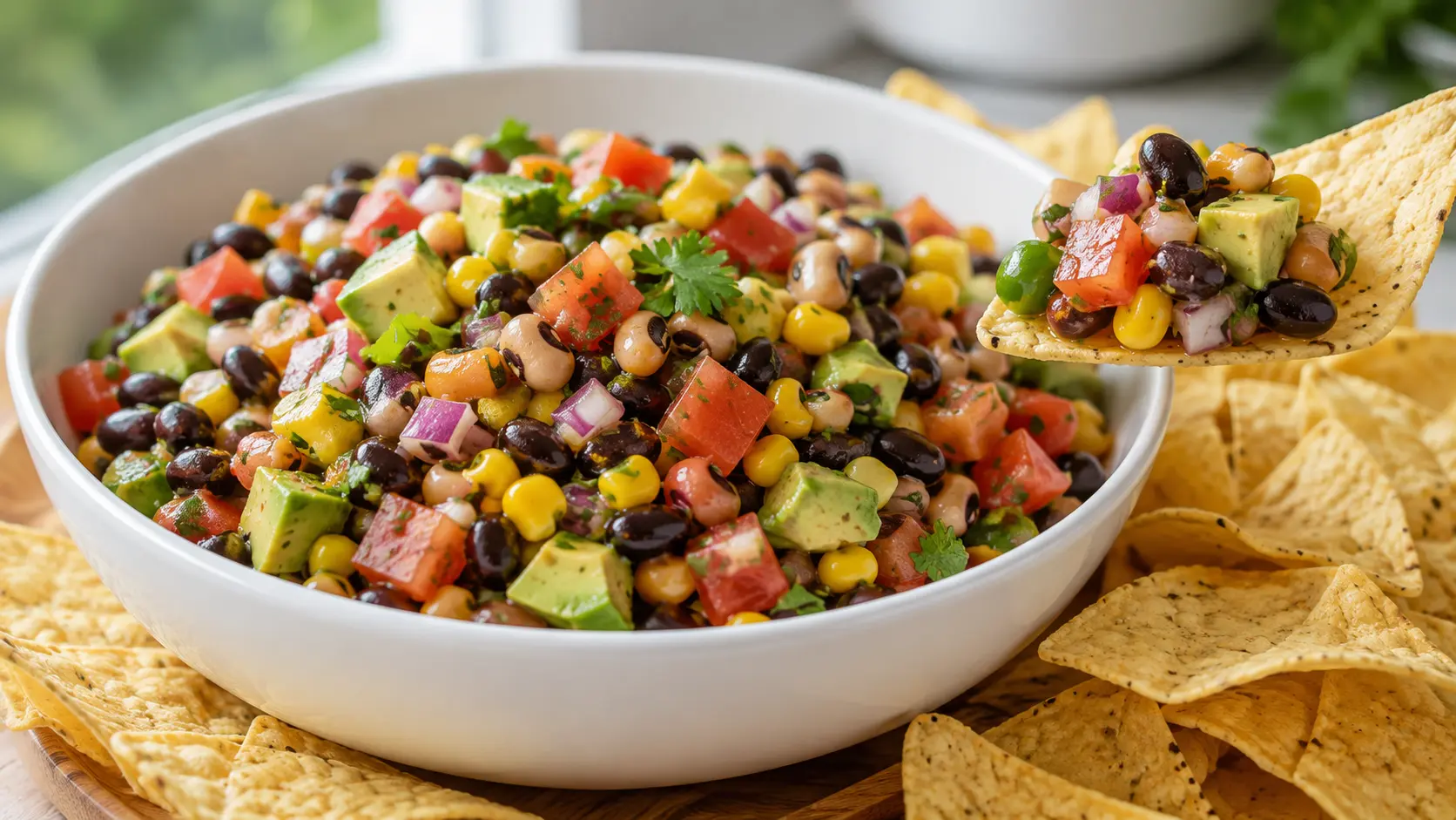 Cowboy Caviar Dip With Black Beans and Corn served with tortilla chips