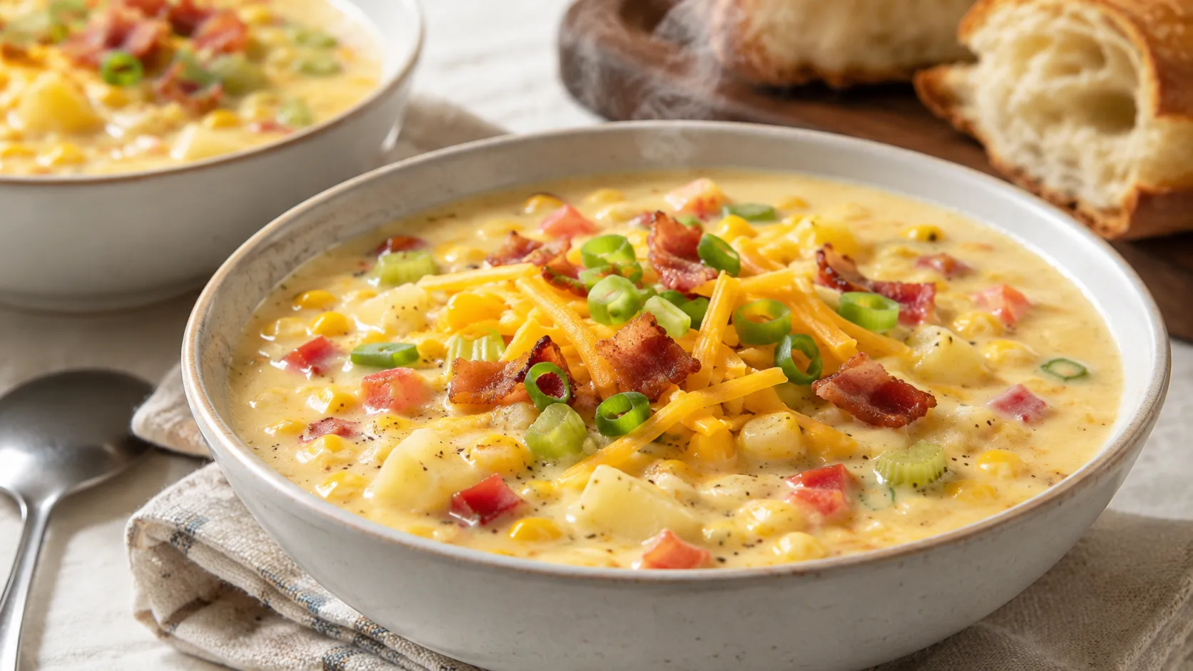Creamy Loaded Corn Chowder With Bacon topped with crisp bacon, cheddar cheese, and sliced green onions