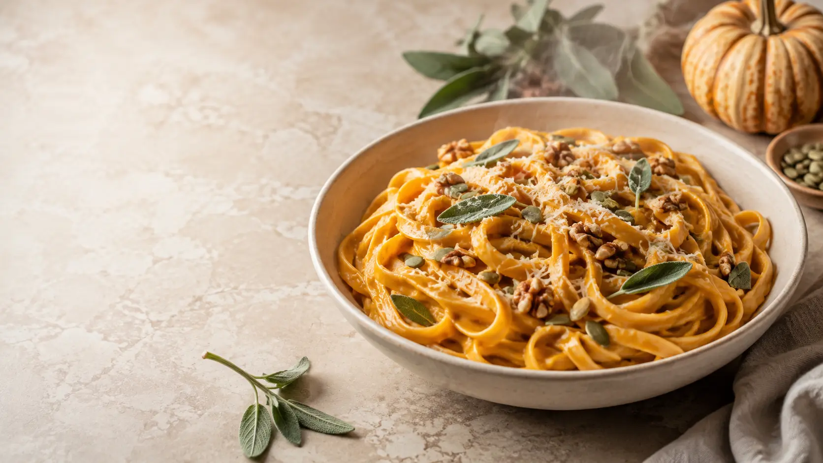 Creamy pumpkin pasta with sage, Parmesan, walnuts, and roasted pepitas in an ivory bowl