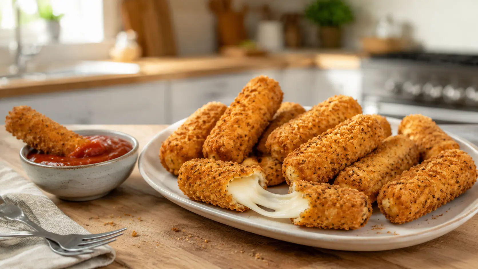 Crispy air-fryer mozzarella sticks with melted cheese and marinara sauce