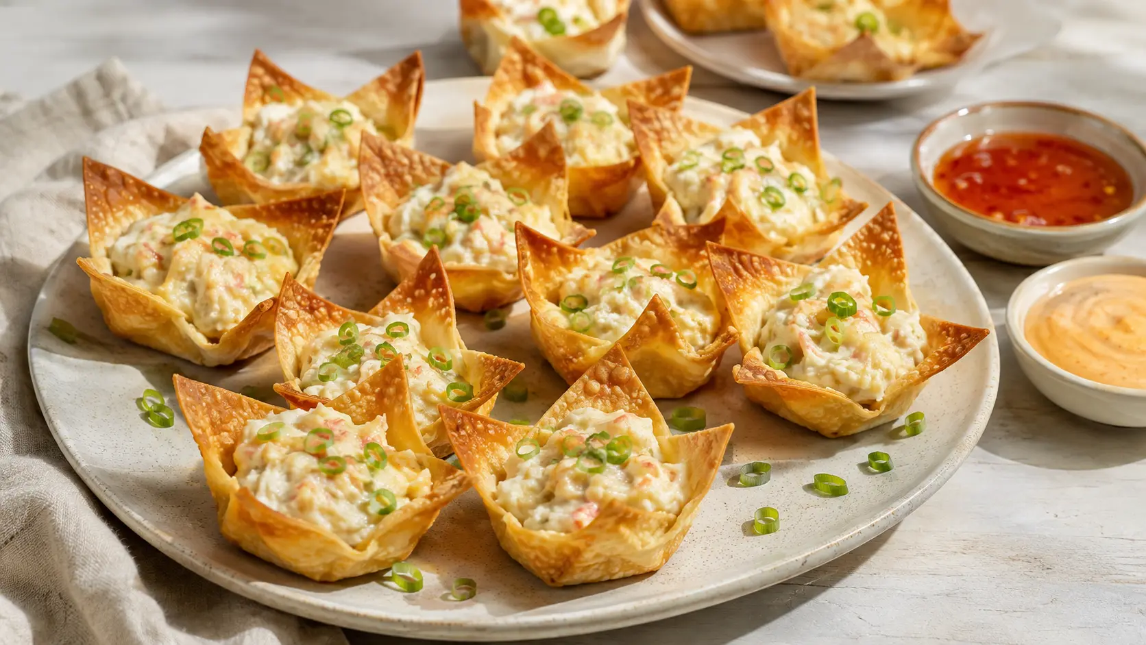 Crispy Baked Crab-Rangoon Wonton Cups with creamy crab filling, green onions, and dipping sauces