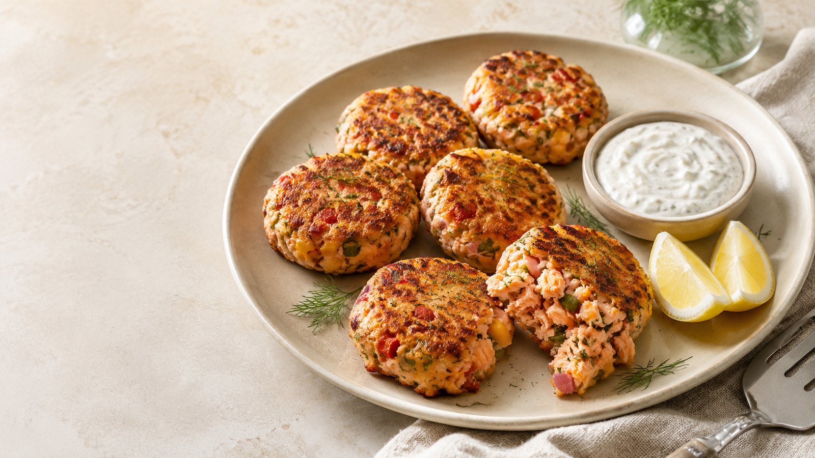 Crispy baked salmon cakes with tartar sauce and lemon wedges