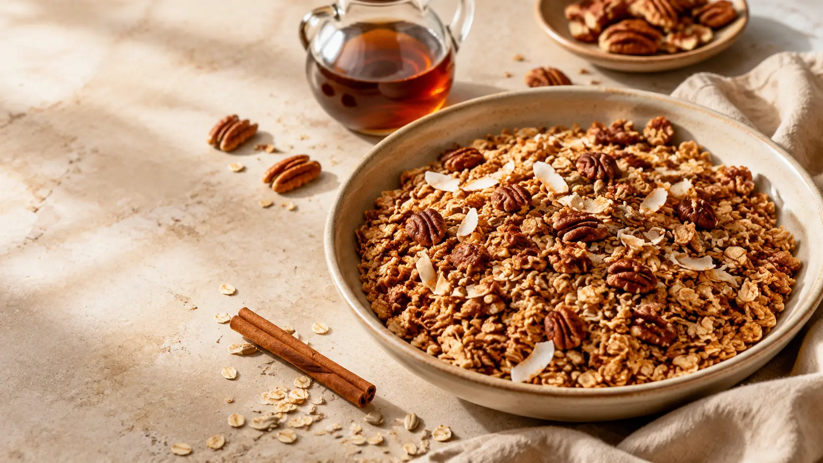 Crunchy homemade maple-pecan granola served in a bowl with pecans and maple syrup