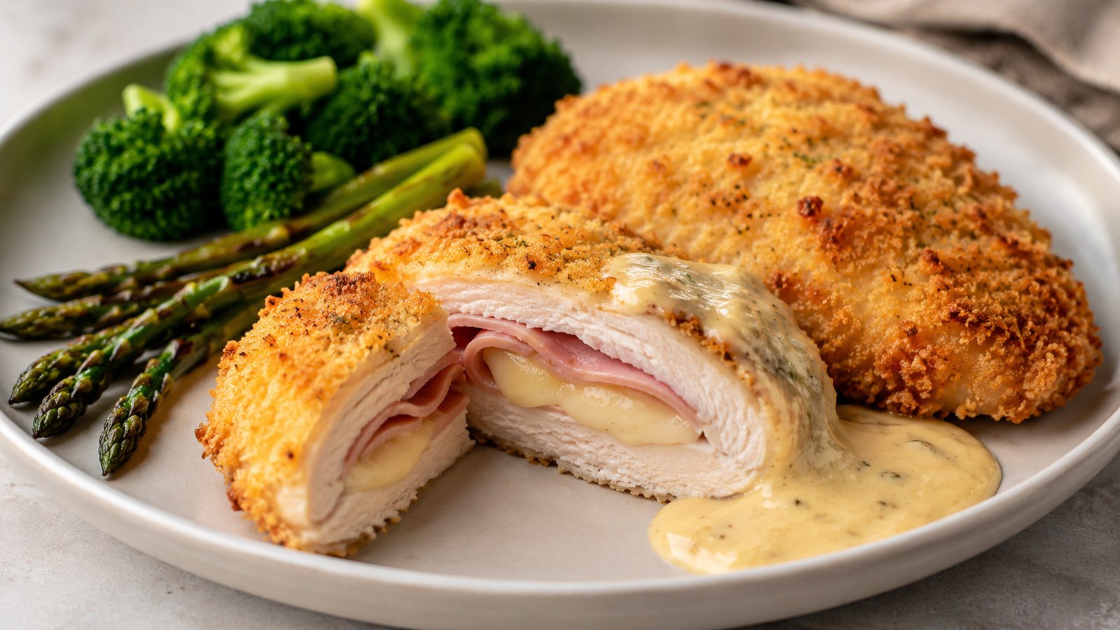 Easy baked chicken cordon bleu with golden panko crust, ham, melted Swiss cheese, and creamy Dijon sauce