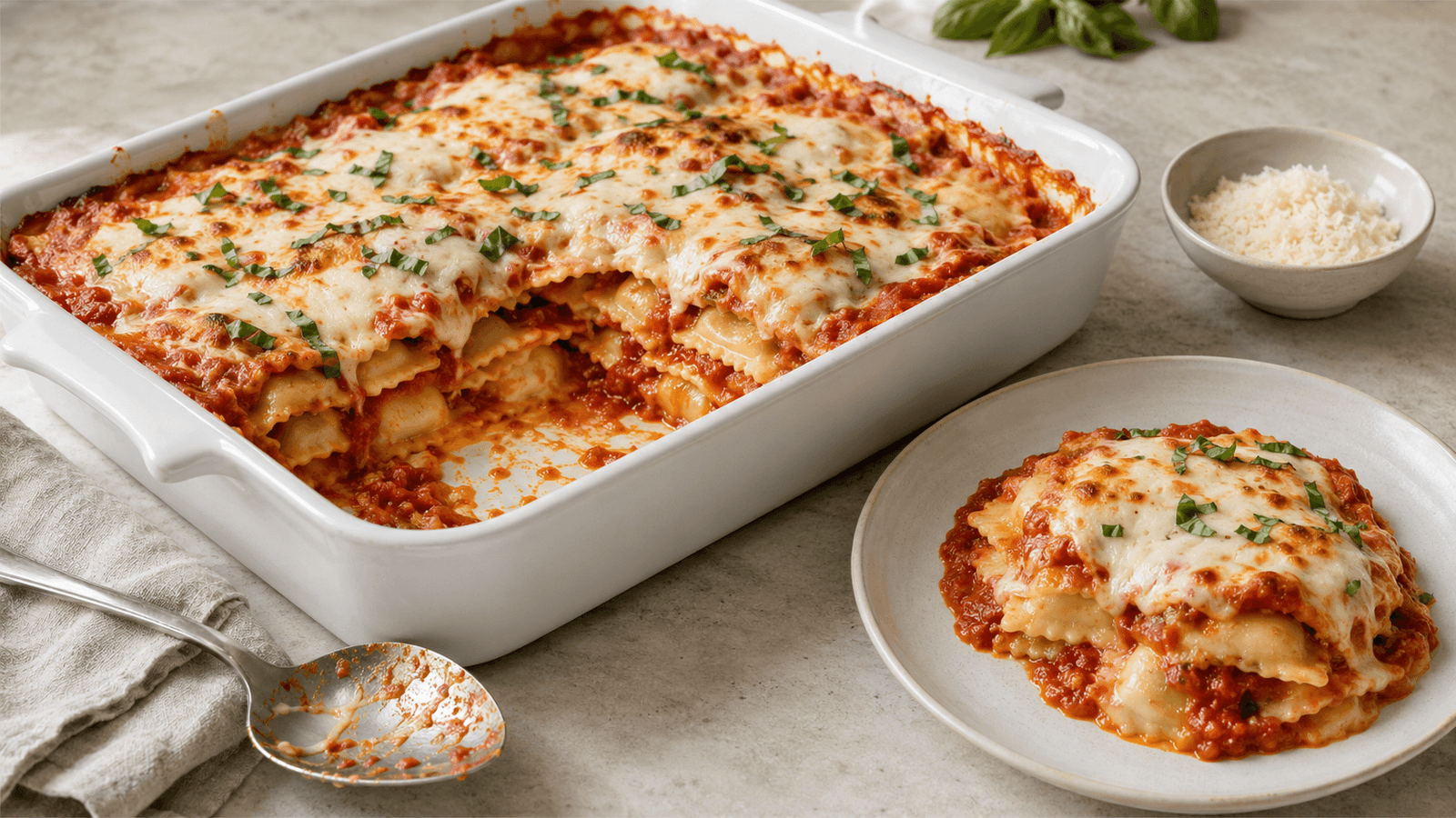 Easy baked ravioli casserole with marinara and melted mozzarella