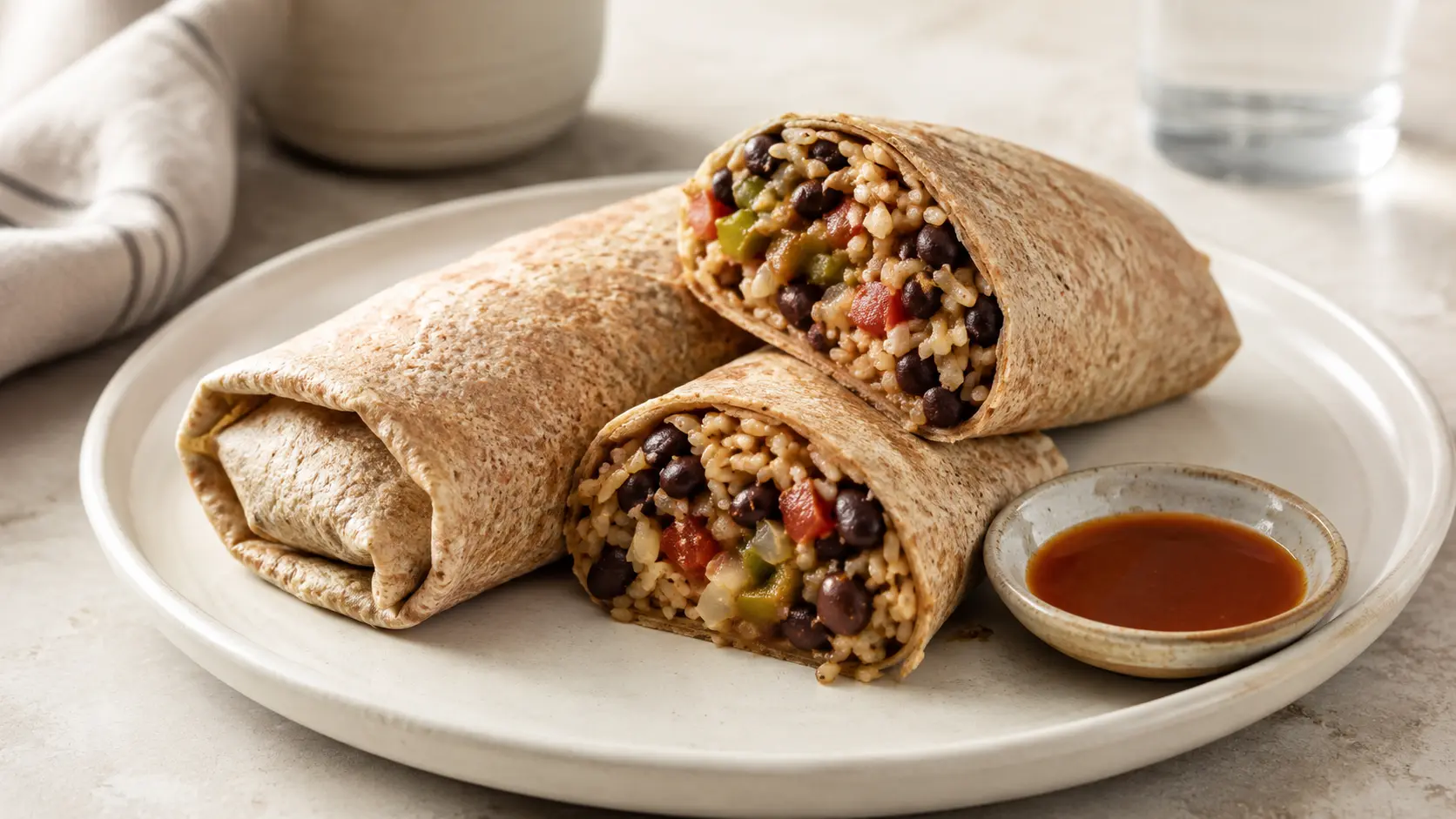 Easy black bean burrito recipe with brown rice and vegetables