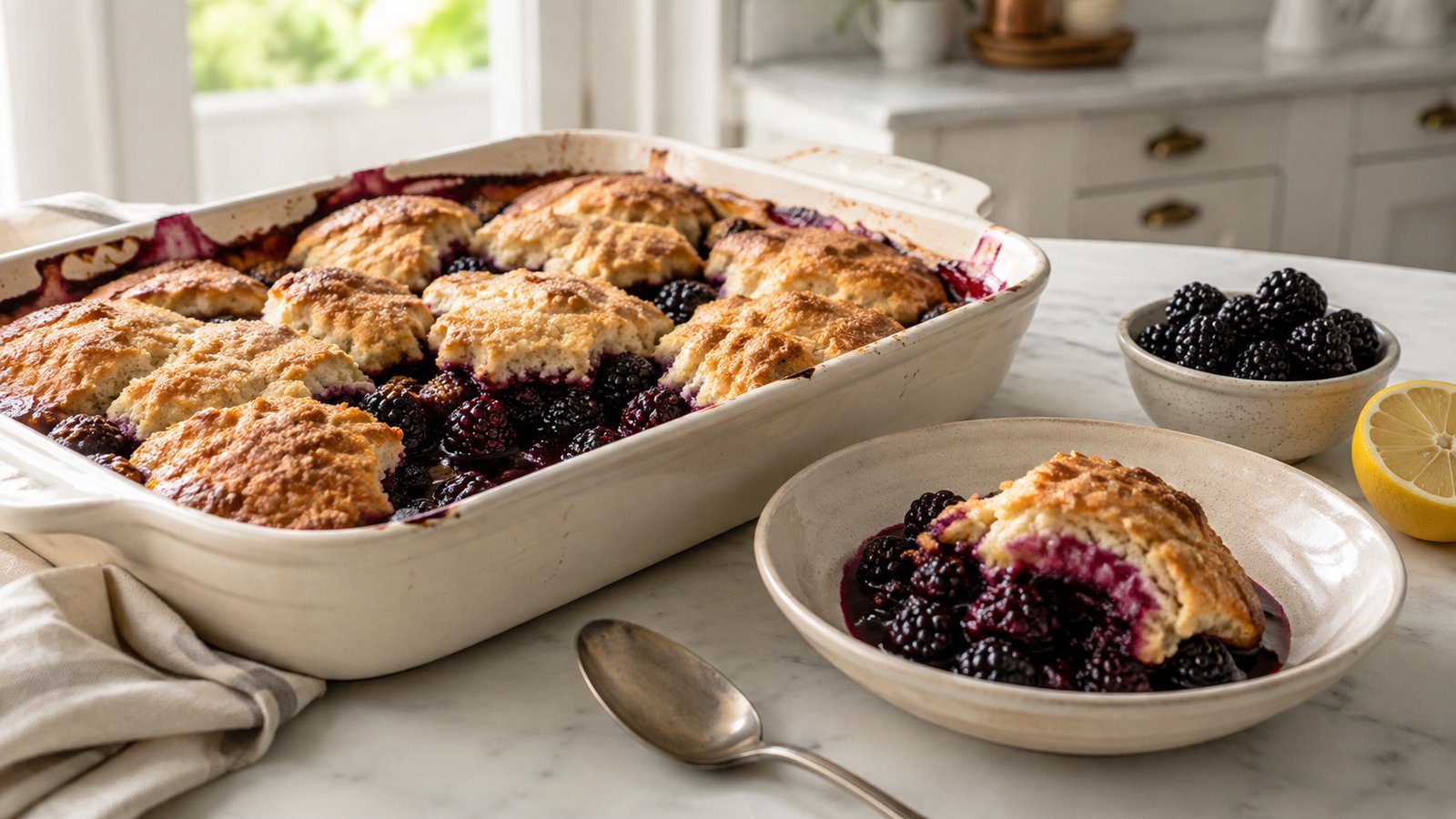 Easy blackberry cobbler with golden biscuit topping and fresh berries