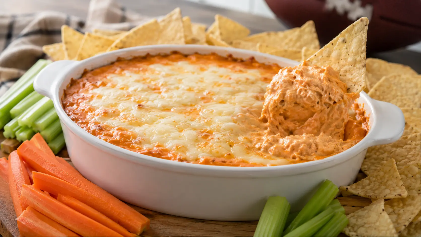 Easy Buffalo chicken dip for game day served warm with tortilla chips, celery, and carrots.