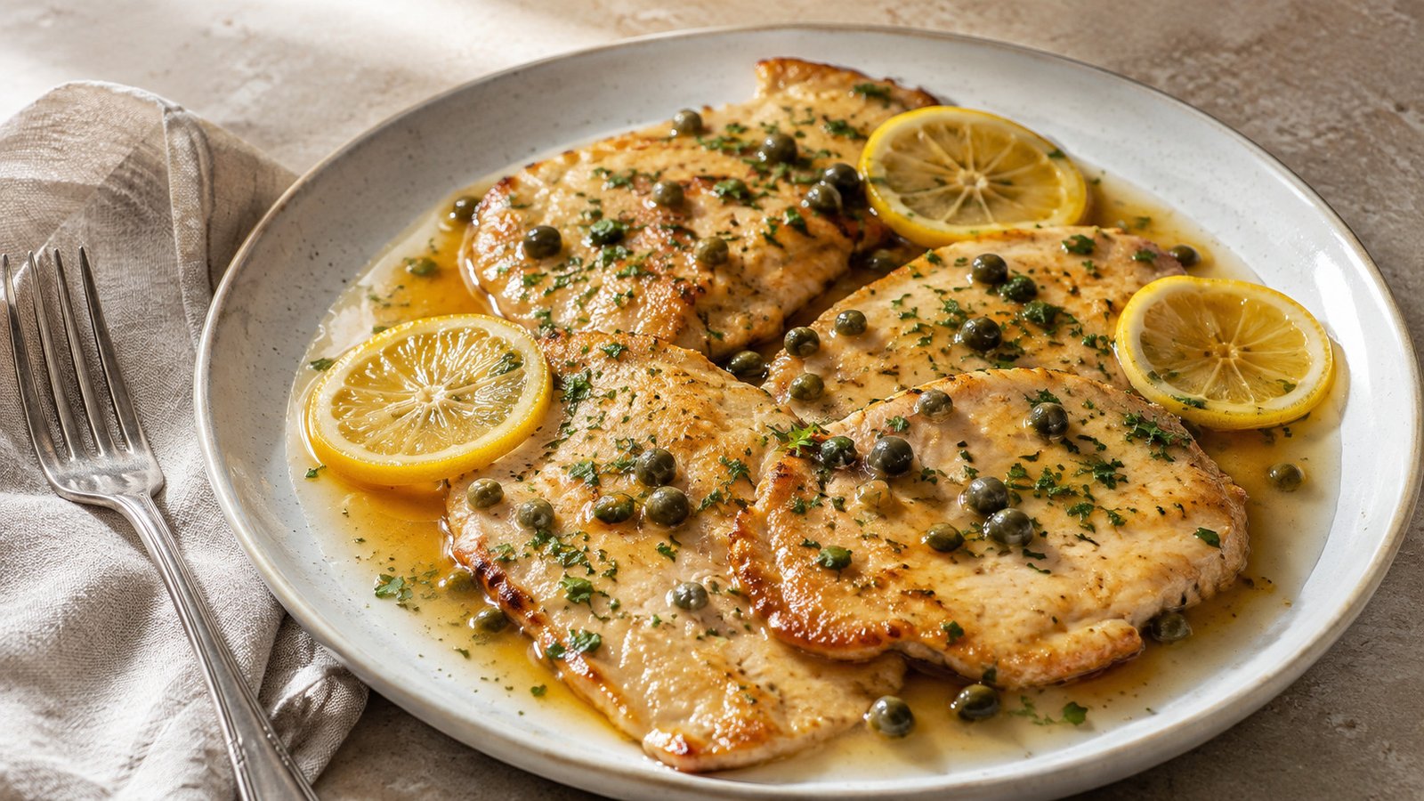 Easy chicken piccata with golden chicken medallions, glossy lemon-caper sauce, fresh parsley, and lemon slices.