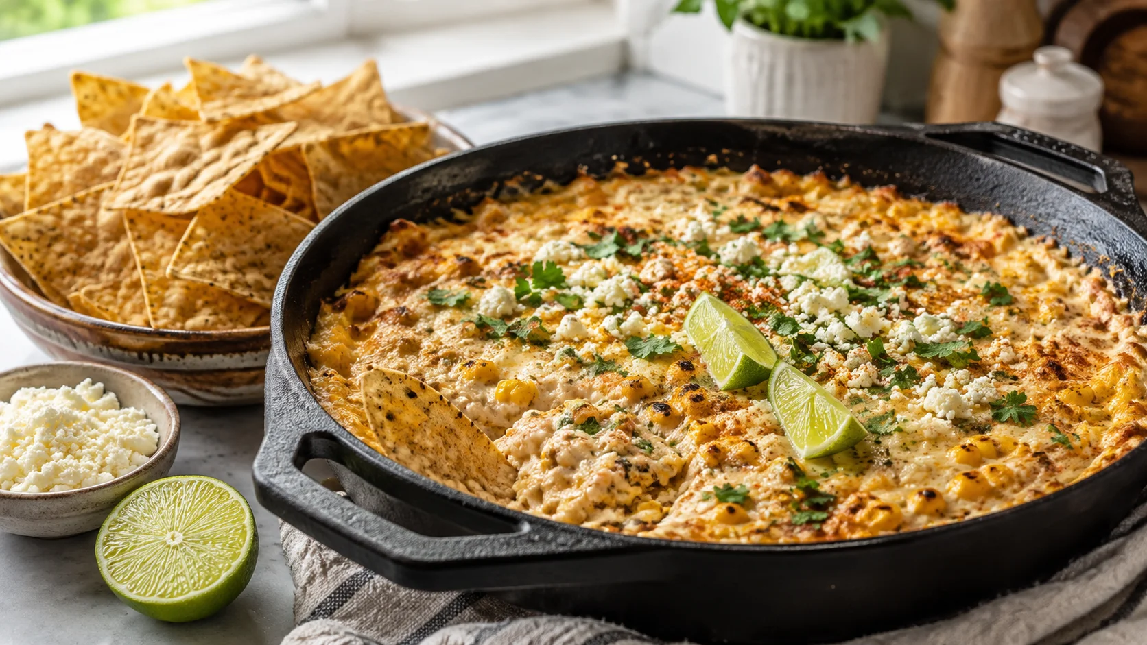 Easy elote corn dip with charred corn, cotija, lime, and tortilla chips