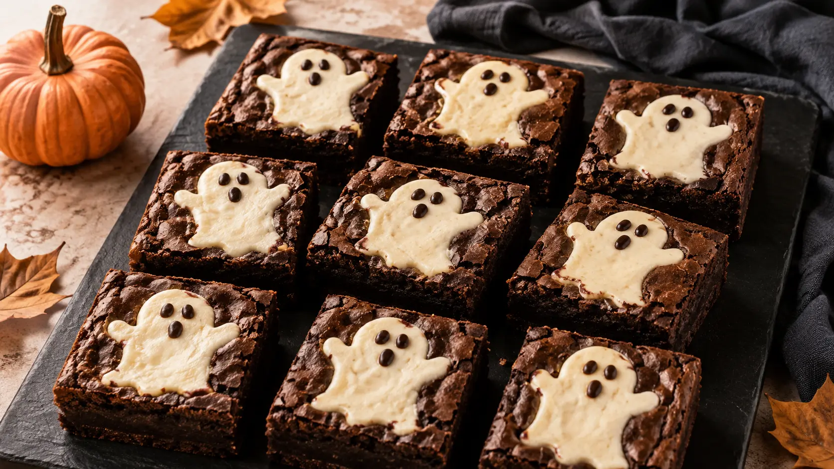 Easy ghost cheesecake brownies for Halloween arranged on a black serving board