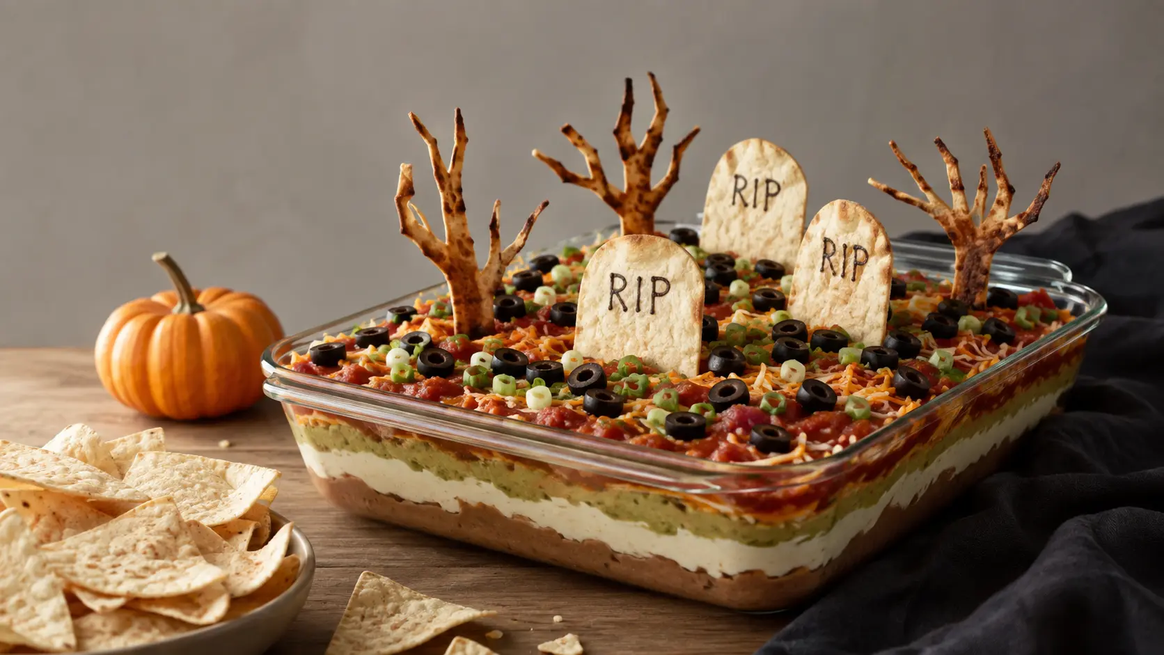 Easy graveyard taco dip for Halloween in a glass dish with tortilla tombstones, spooky trees, salsa, guacamole, cheese, olives, and tortilla chips.