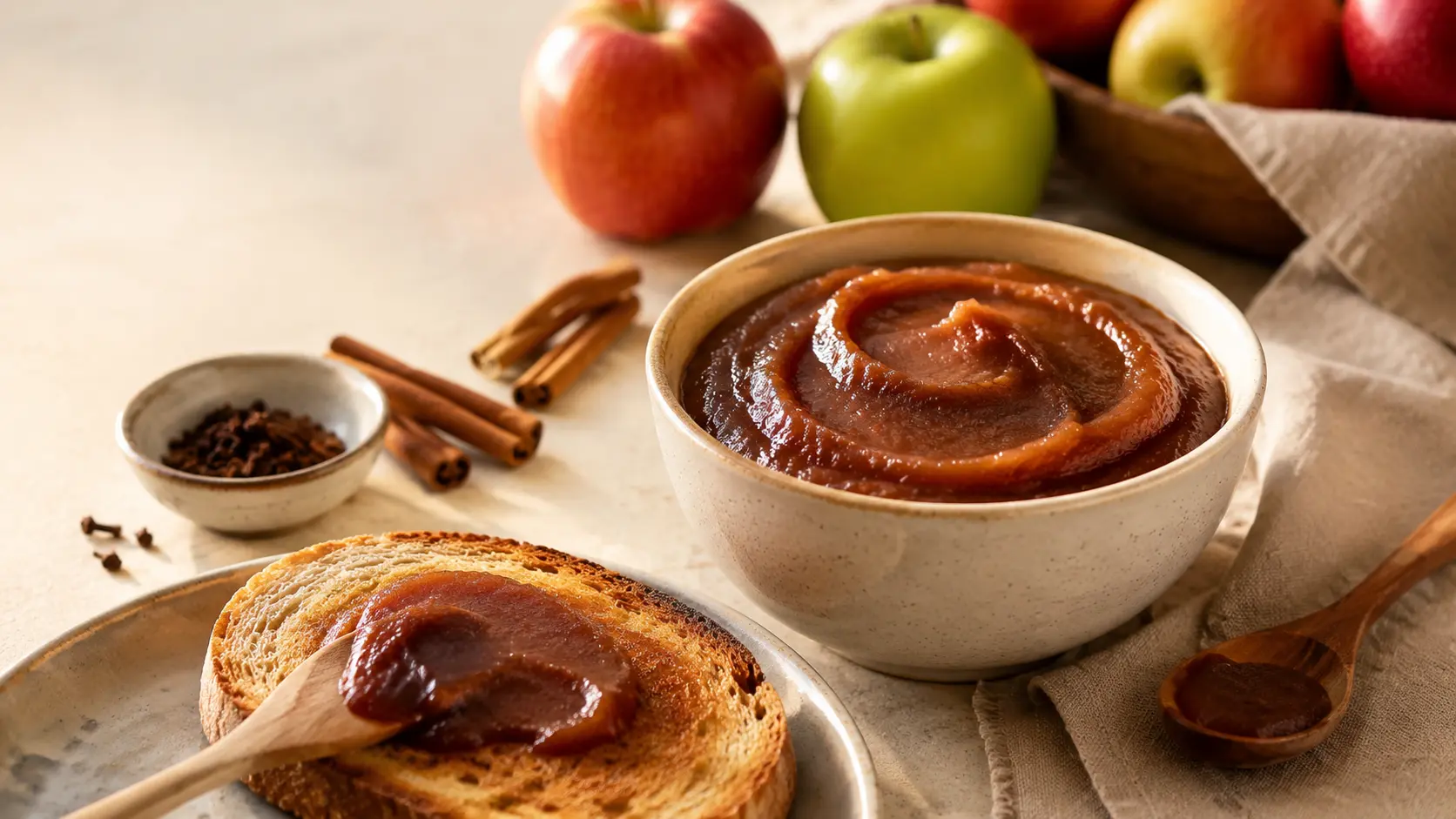 Thick homemade slow-cooker apple butter served with toast, apples, and cinnamon.