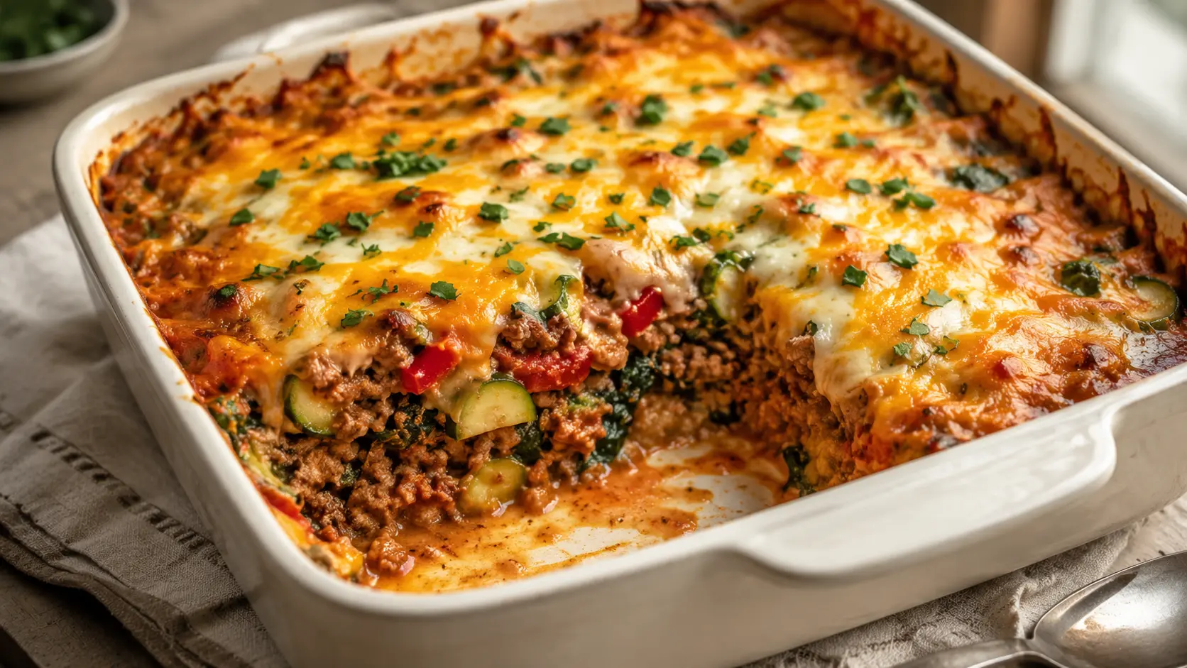 Easy low-carb ground beef casserole with zucchini, spinach, peppers, and melted cheese.