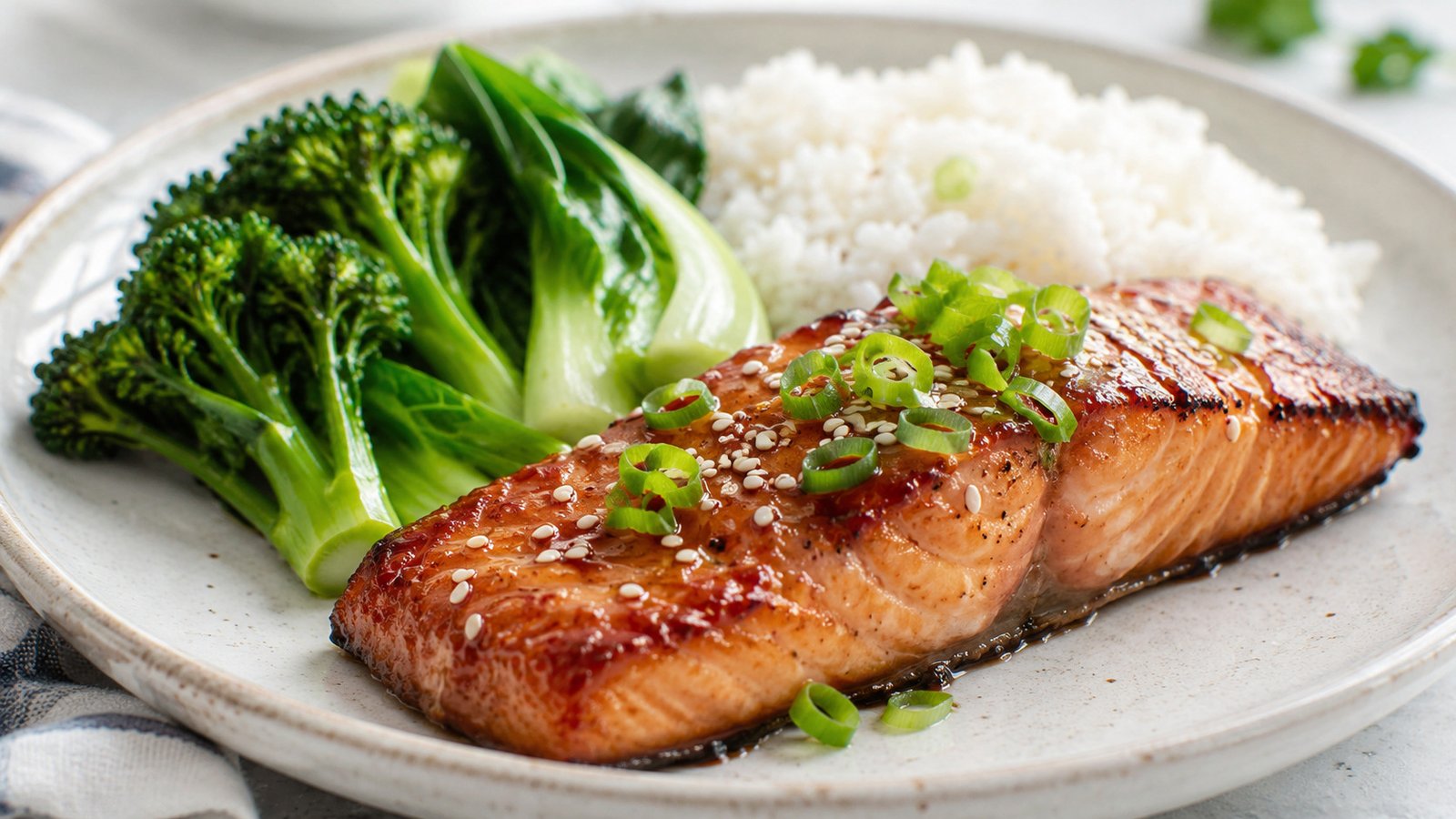 Easy miso-glazed salmon with a glossy caramelized glaze, scallions, sesame seeds, rice, and green vegetables