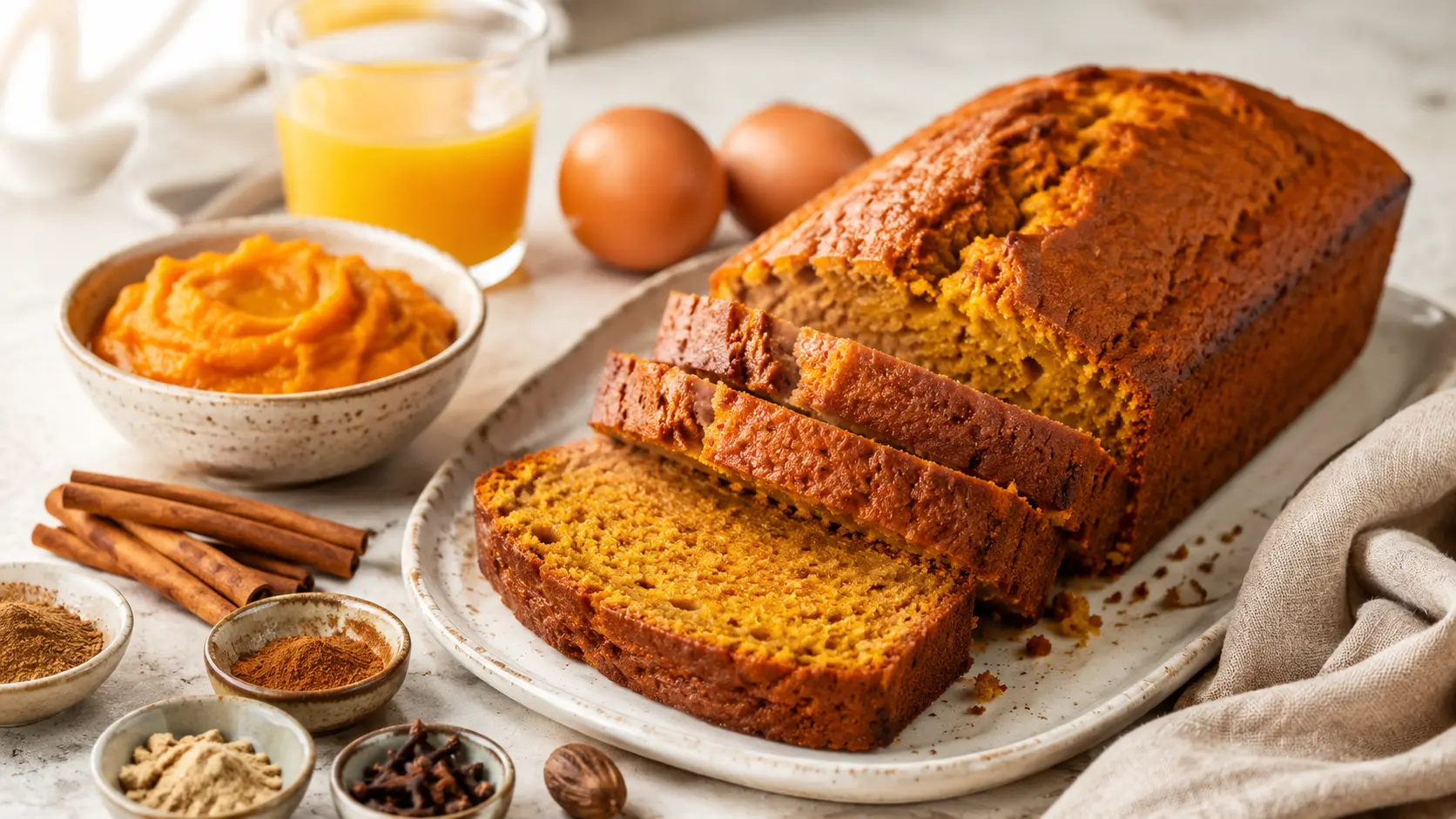 Sliced moist pumpkin bread with warm cinnamon spices, pumpkin purée, and autumn baking ingredients on a cream plate