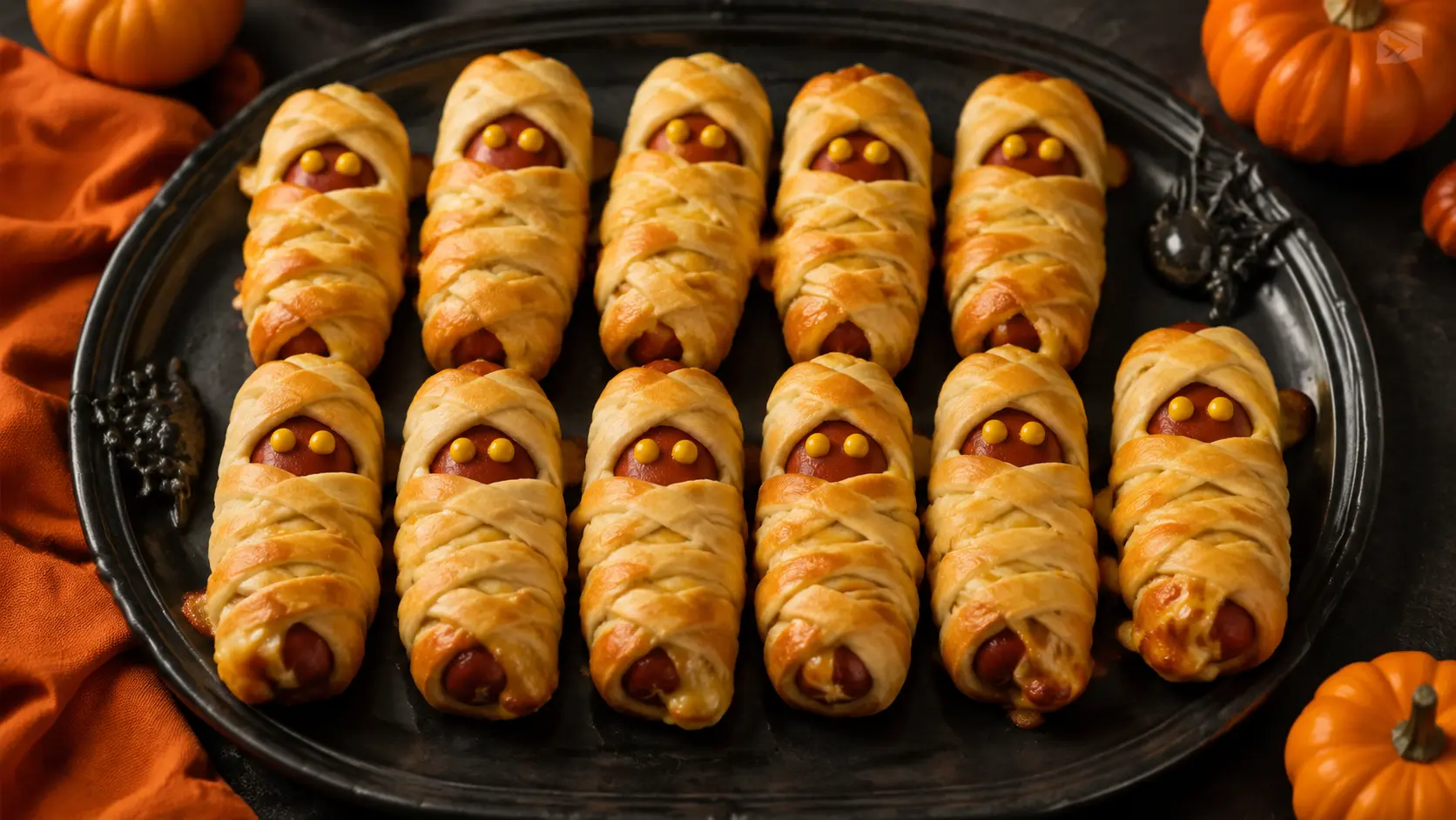 Easy mummy hot dogs for Halloween wrapped in golden crescent dough and decorated with mustard eyes on a festive platter