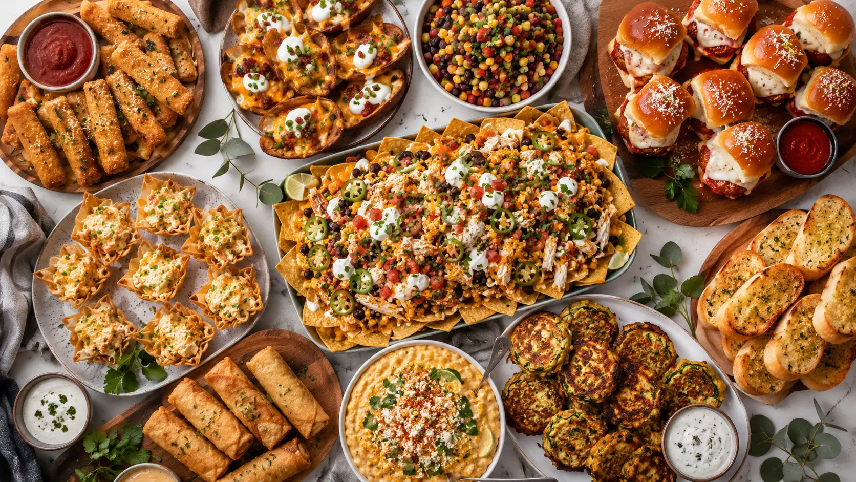 Easy party appetizers for a crowd with nachos, sliders, mozzarella sticks, dips, potato skins, and finger foods.