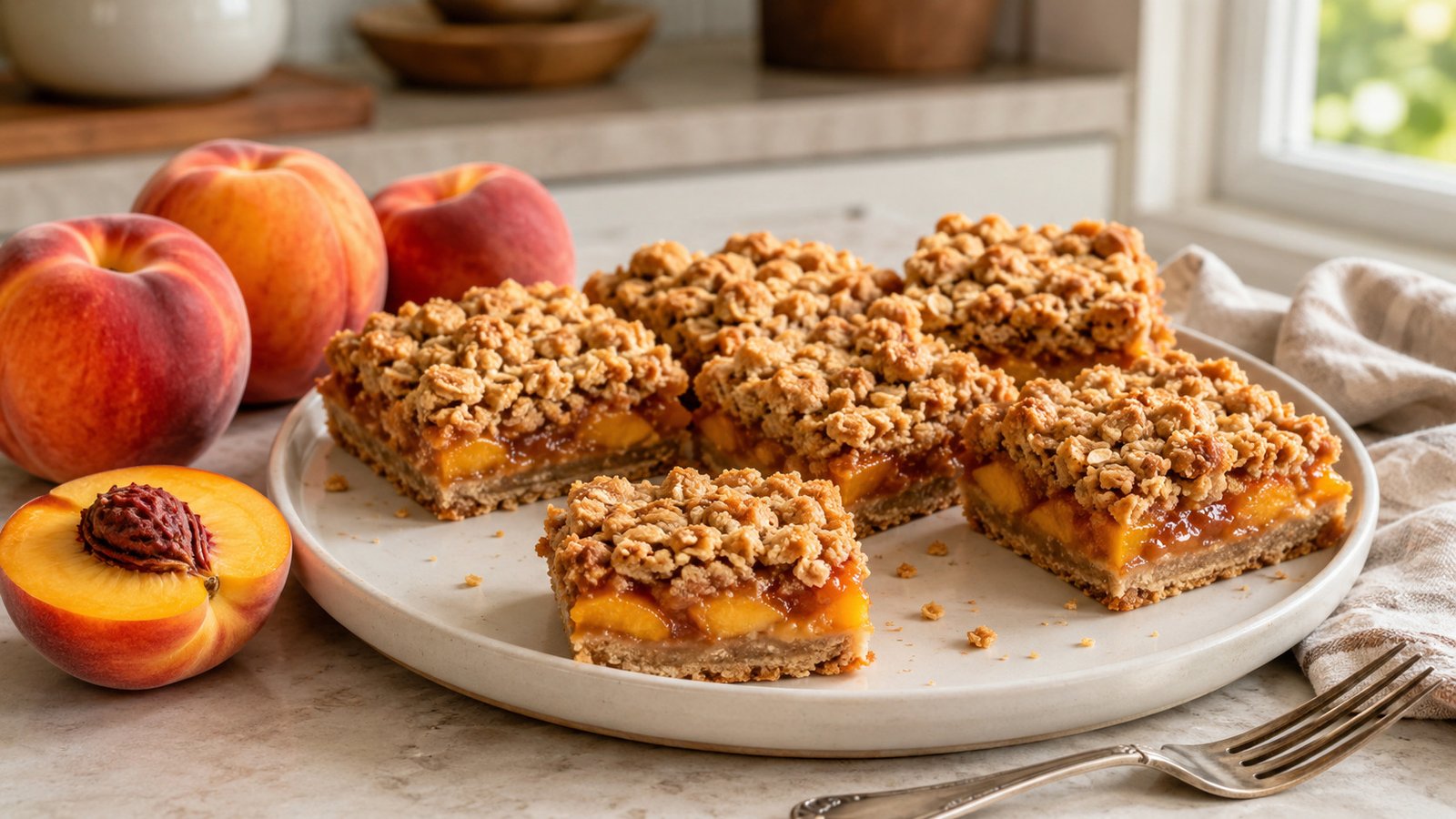 Easy peach crumble bars with fresh late-summer peaches