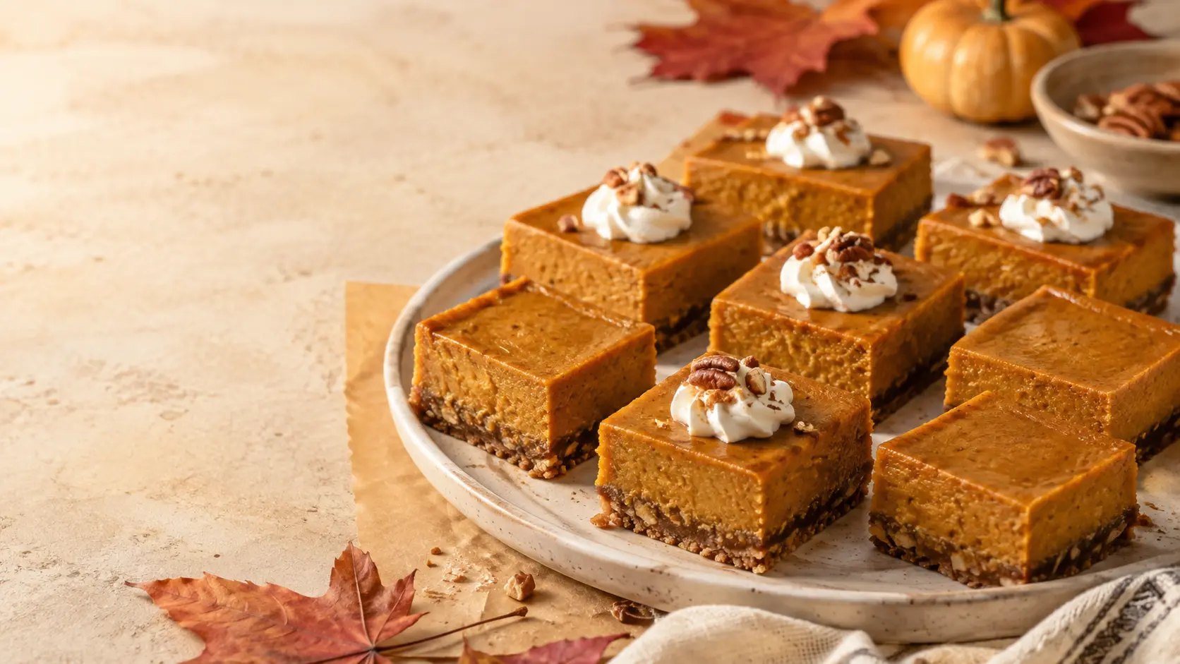 Easy pumpkin-pie bars with a pecan-graham no-roll crust topped with whipped cream and chopped pecans on a serving platter