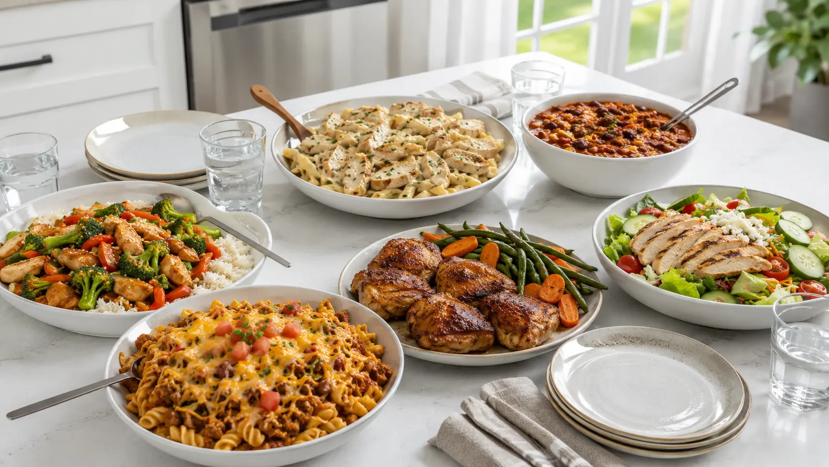 Easy school night dinners for busy families with chicken pasta, stir fry, taco pasta, glazed chicken, turkey chili, and salad.