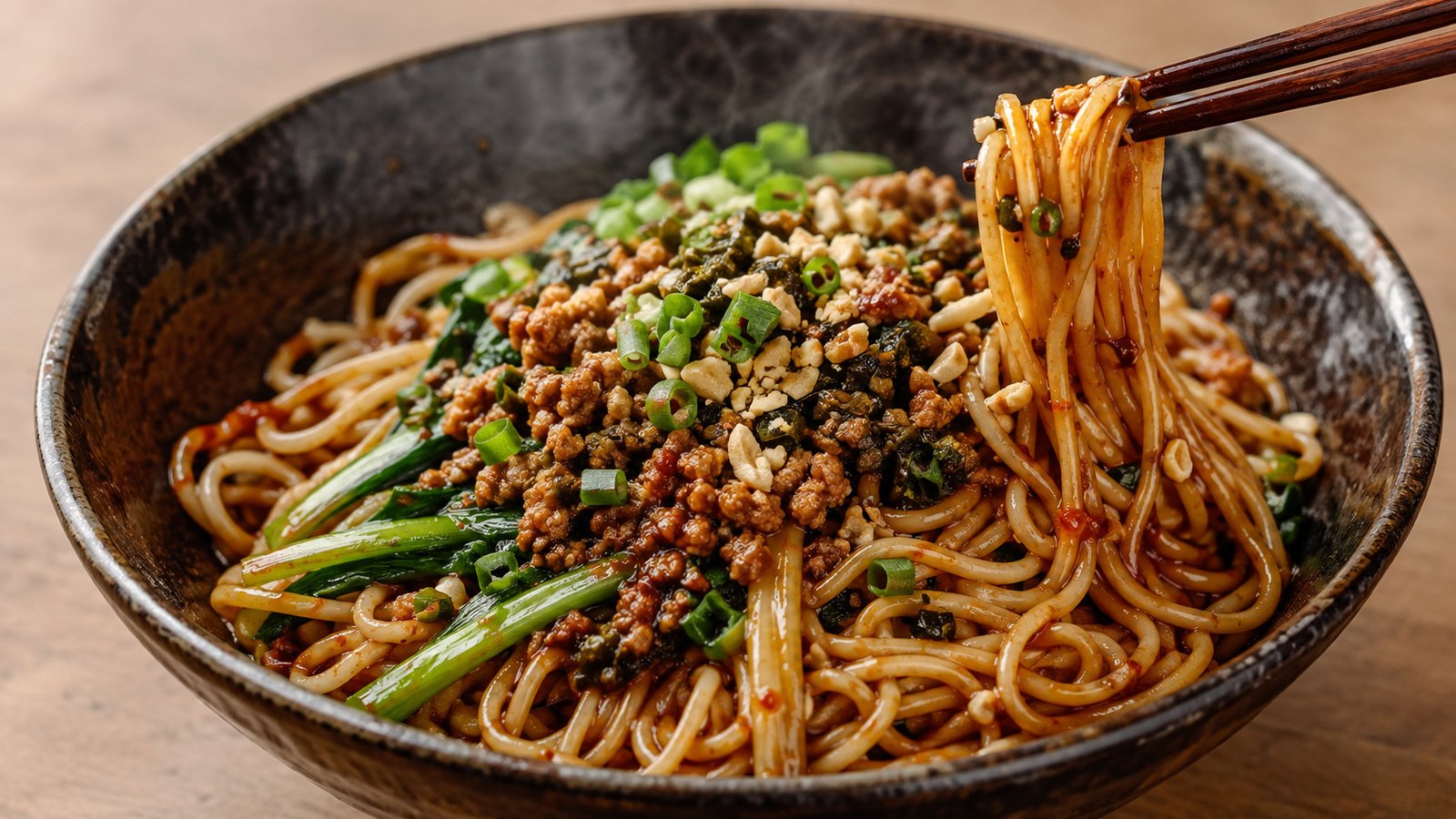 Easy Spicy Sichuan Dan Dan Noodles with ground pork, choy sum, green onions, and chopped peanuts