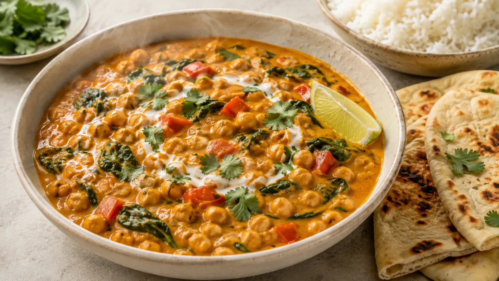 Easy Vegan Chickpea Curry With Coconut Milk served with basmati rice, vegan naan, cilantro, and lime.