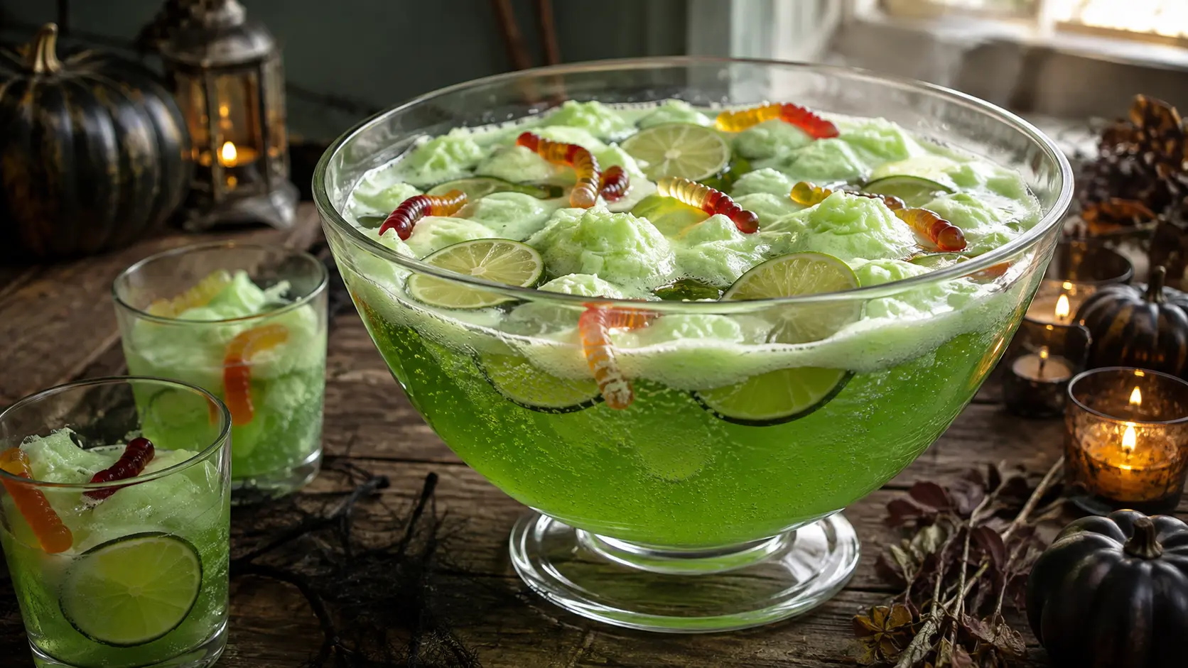 Easy Witch’s Brew Halloween Punch with lime sherbet foam and gummy worms