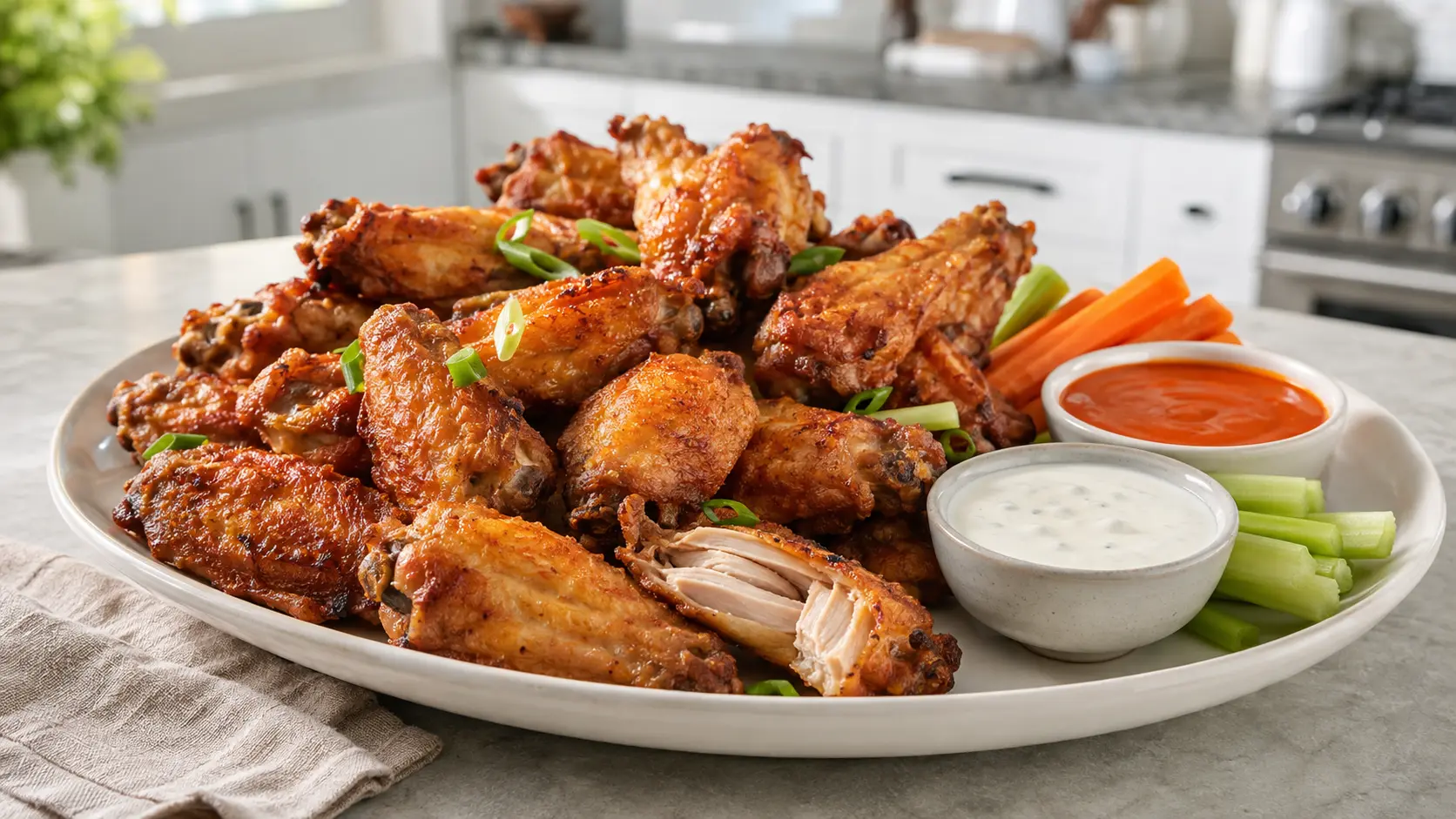 Extra-crispy air-fryer chicken wings served with ranch and vegetables