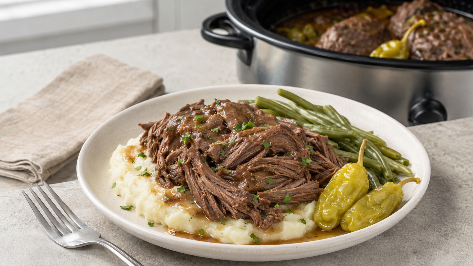 Tender Mississippi pot roast served with mashed potatoes and pepperoncini