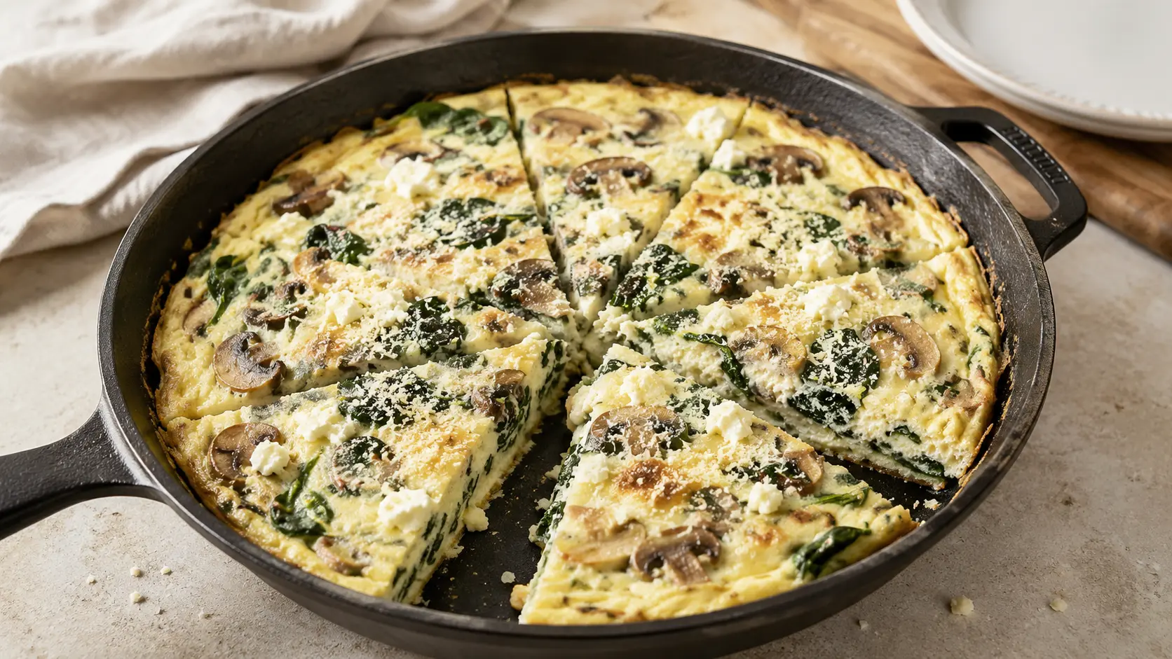 Fluffy egg-white frittata with mushrooms spinach feta and Parmesan in an oven-safe skillet