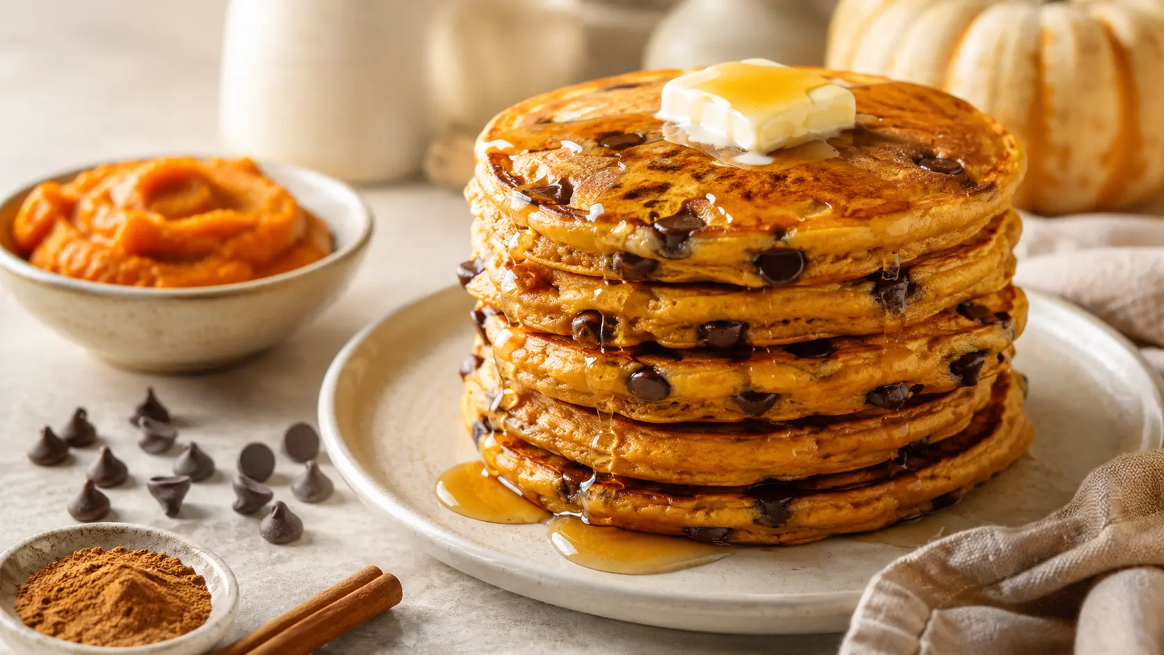 Stack of fluffy pumpkin chocolate-chip pancakes with melted butter and maple syrup
