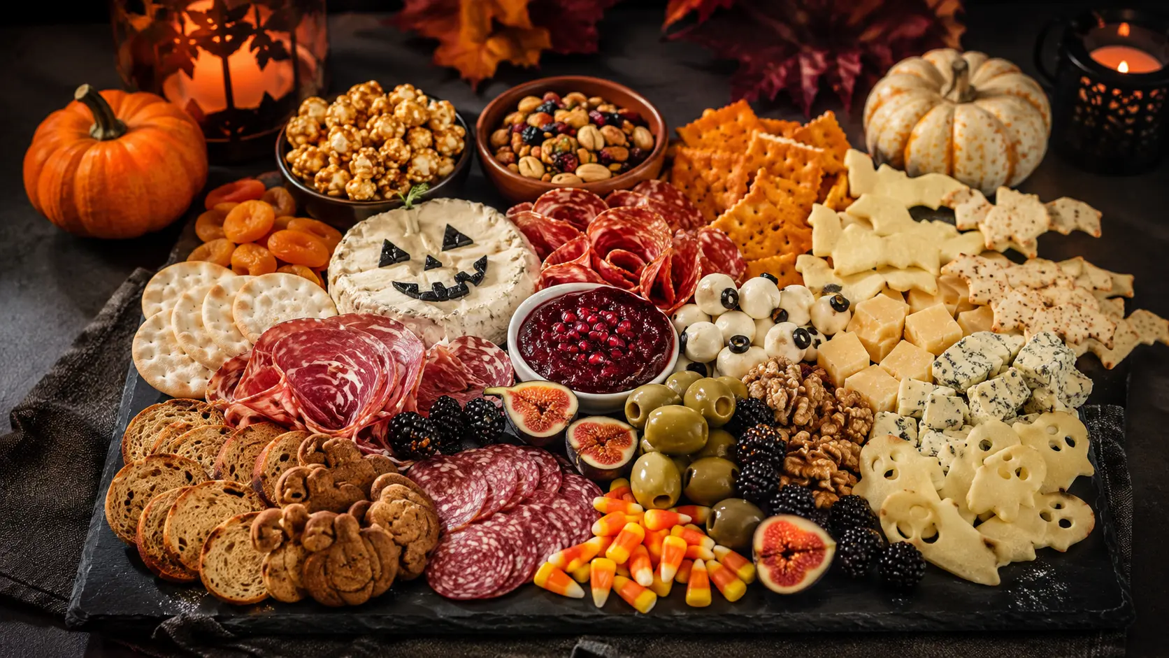 Halloween charcuterie board with cheeses, cured meats, fruit, crackers, sweets, and spooky decorations