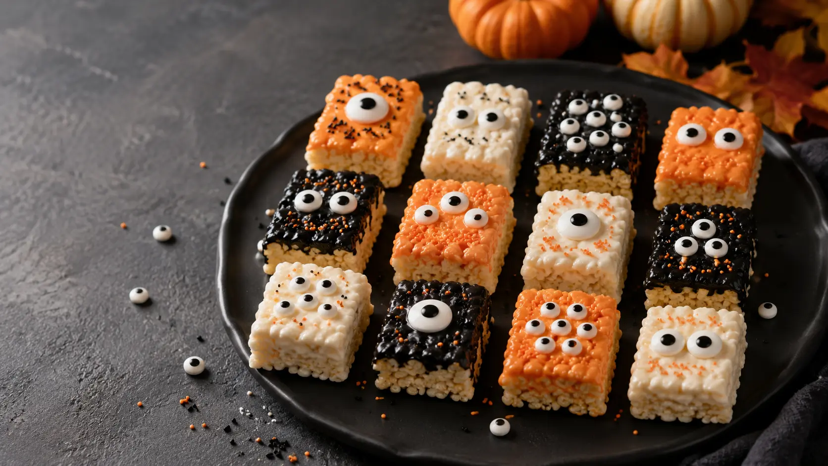 Colorful homemade Halloween Monster Rice Krispie Treats with candy eyes and candy coating