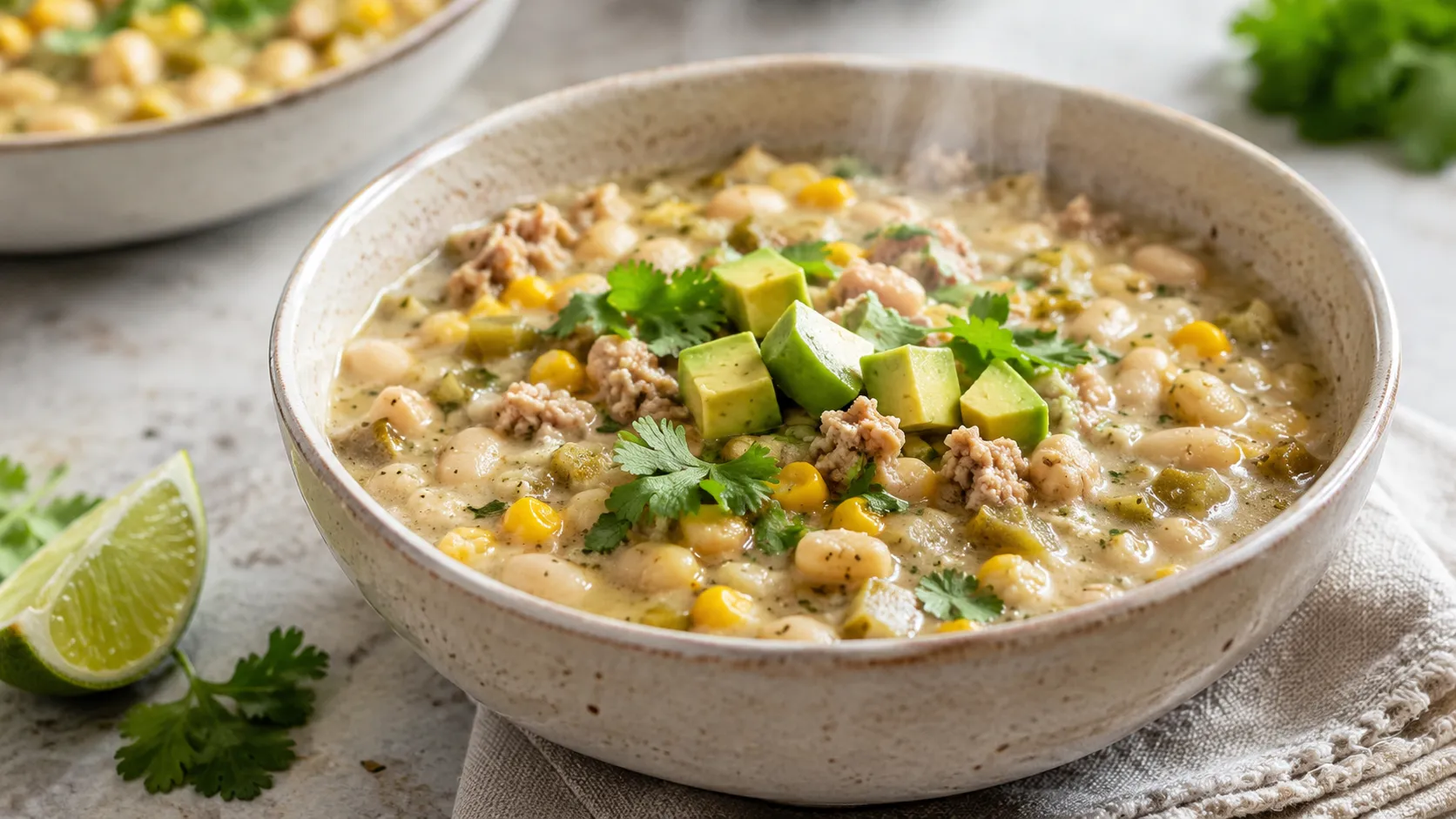 Healthy One-Pot White-Bean Turkey Chili with ground turkey, cannellini beans, corn, poblano pepper, cilantro, avocado, and lime.
