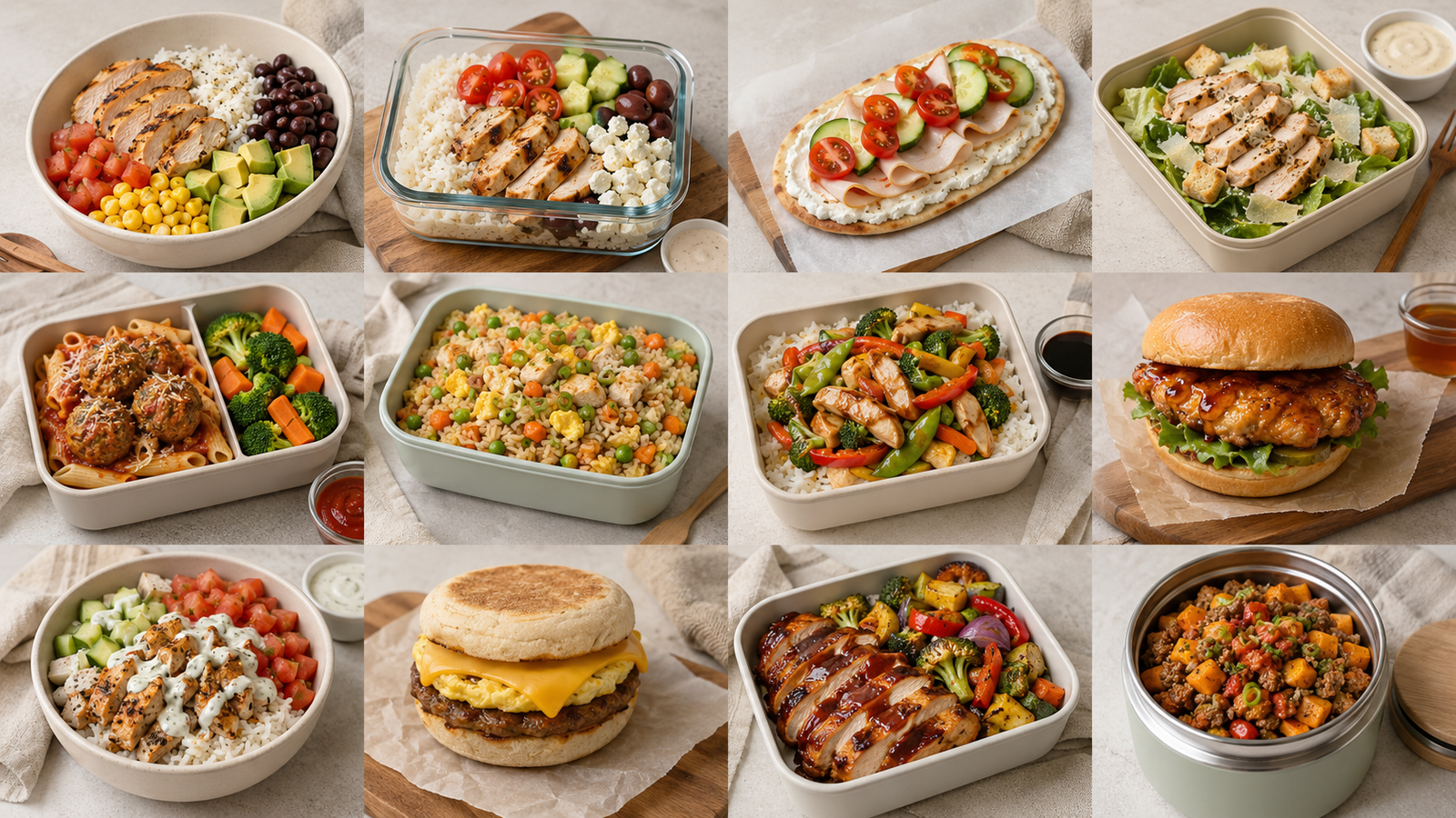 Collage of high-protein school lunches for kids and teens
