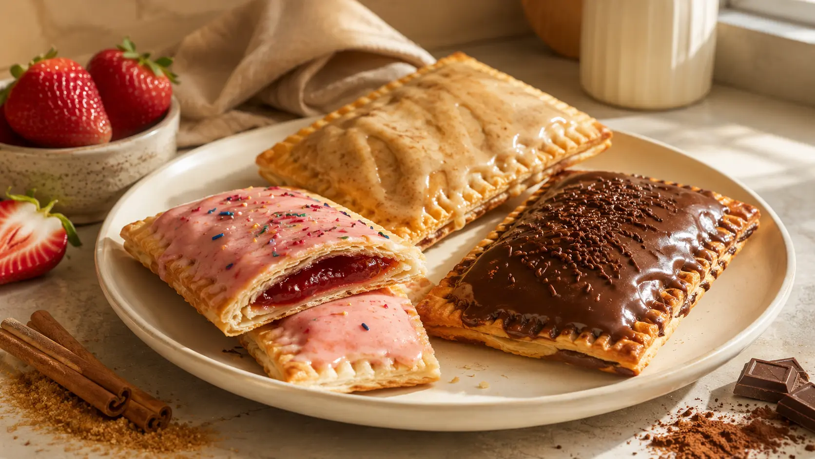 Homemade Pop Tarts in strawberry, brown sugar cinnamon, and chocolate fudge flavors