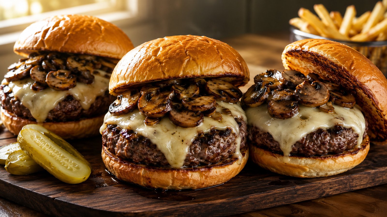 Juicy homemade mushroom-Swiss burgers topped with savory mushrooms and melted Swiss cheese.
