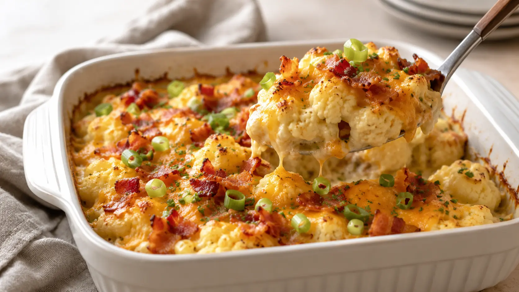 Loaded Cheesy Cauliflower Bake With Turkey Bacon topped with melted cheddar, crispy turkey bacon, green onions, and chives.