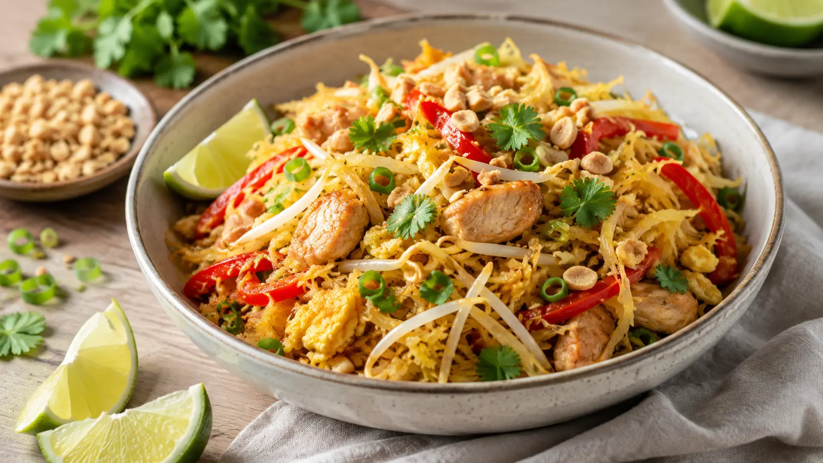 Low-Carb Spaghetti-Squash Pad Thai with chicken, vegetables, peanuts, bean sprouts, and fresh lime.