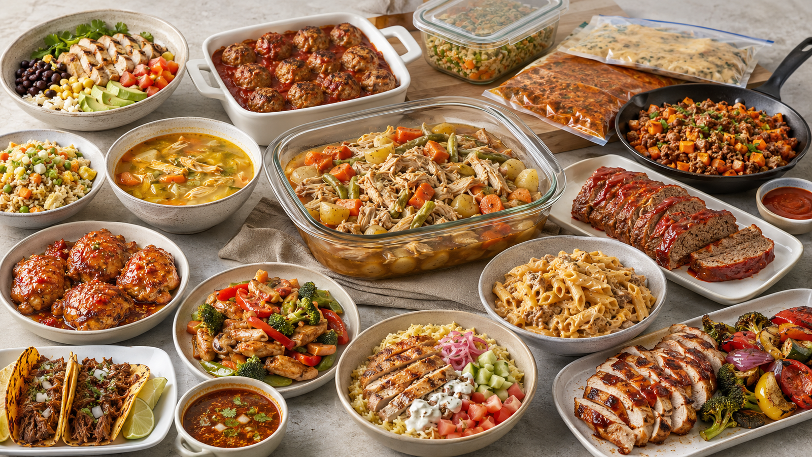 Collage of make-ahead freezer meals for busy school nights